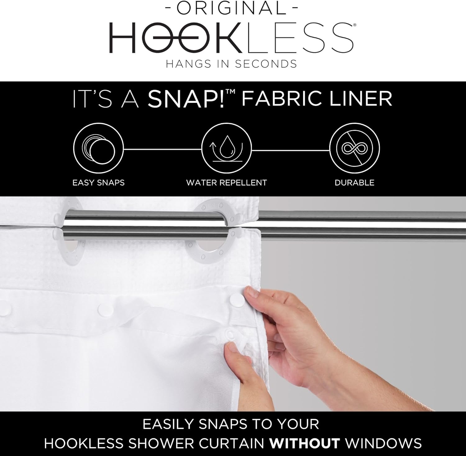 Hookless It's A Snap! Faux Silk Shower Curtain, 3-in-1 Curtain Includes Fabric Shower Curtain with Flex-On Rings & Fabric Liner with Magnets, 71" x 74", Stripe Print, Gray - Image 4