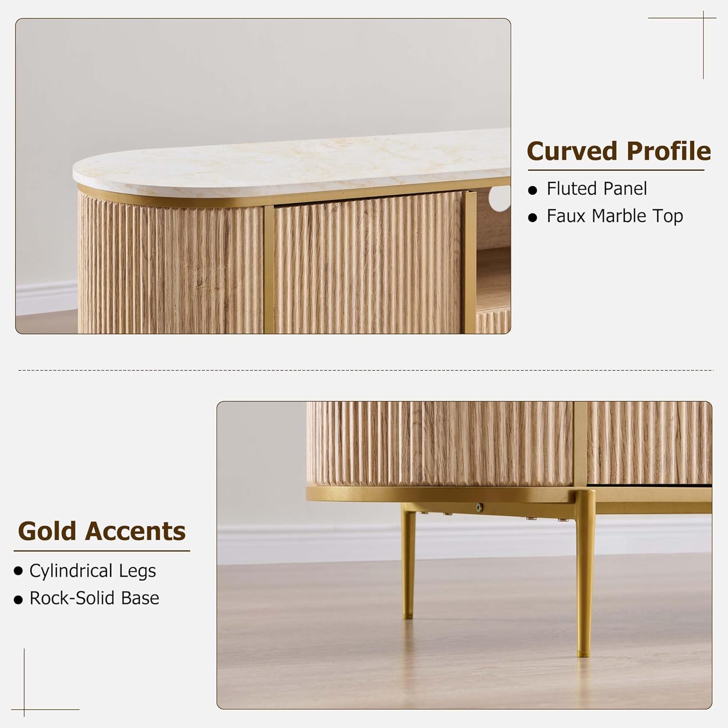 OKD Luxury 70" Fluted TV Stand, Modern Chic Entertainment Center for TVs Up to 80 inches, TV Console with Faux Marble Top, Curved Profile Design, Media Console for Living Room, Natural Oak - Image 5