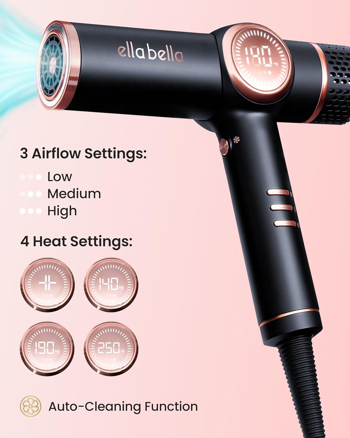 ELLA BELLA® Professional Ionic Hair Dryer with Diffuser • Negative Ion Blow Dryer • Suitable All Hair Types • Intelligent Heat Control & Rapid Drying Speeds • Lightweight Design • Low Noise Technology - Image 3
