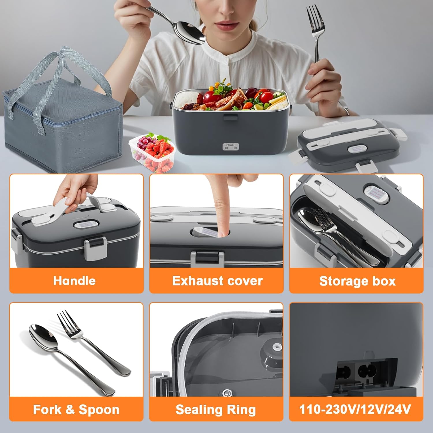 DUPASU Electric Lunch Box Food Warmer: 100W Heated Lunch Box for Adults, 1.8L Portable Fast Heating Lunchbox Food Heater for Car, Truck, Work, Travel, Lonchera Elctrica Porttil 12/24V/110-230V - Image 4