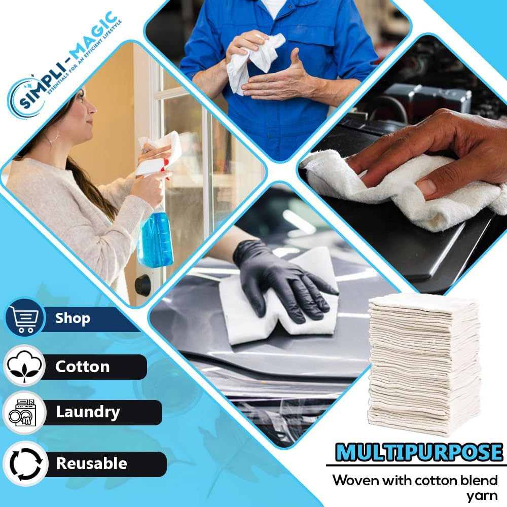 SIMPLI-MAGIC Cotton Shop Towels 14"x12" (145 Pack) – Reusable Cleaning Shop Rags for Automobiles, Industries, Garage and Homes (White) - Image 4
