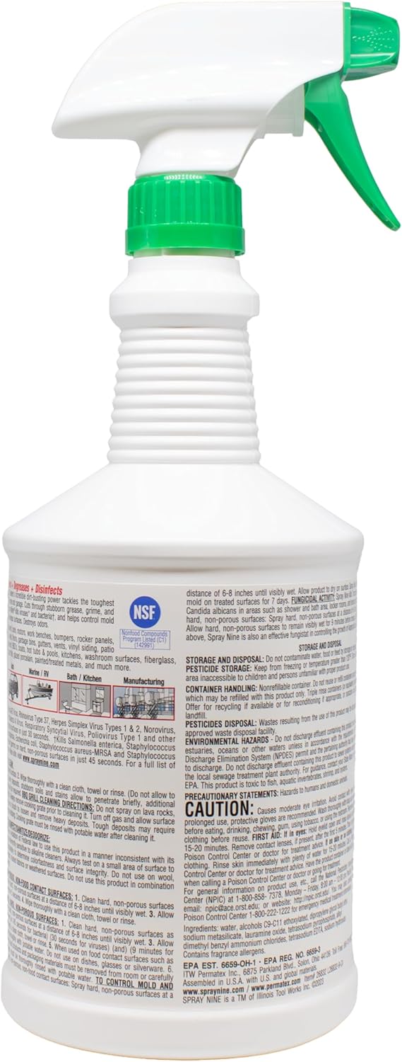 Spray Nine 26832 Heavy Duty Cleaner, Degreaser & Disinfectant for Kitchens, Bathrooms, Yard Equipment, Automotive & Industrial 32 Fl Oz. (Pack of 1) - Image 2