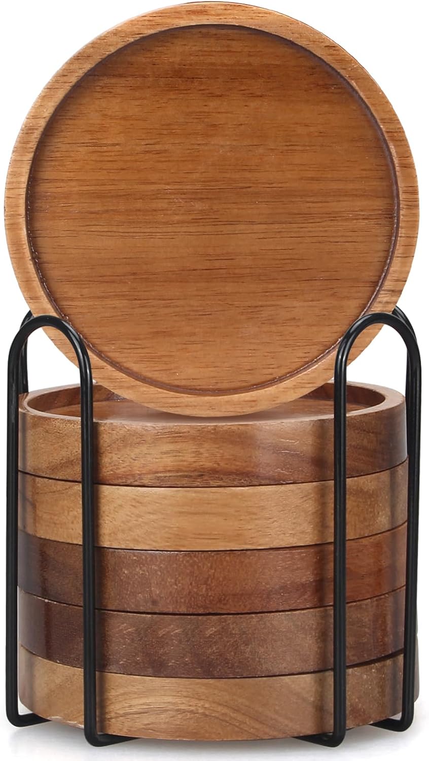 6 Pcs Best Wooden Coasters with Holder Coffee Table Decor Acacia Wood Coaster Set Modern Cup Coaster for Drink Home Dining Table Kitchen Accessories Cute Beer Bar Decorative Rustic Outdoor Coasters - Image 5