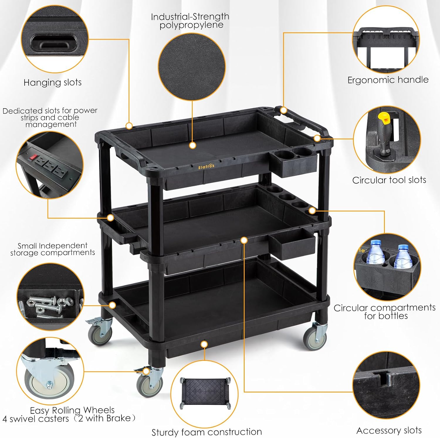 ELAFROS Multi-Use Utility Cart - 32.4x18.3 Heavy-Duty Service Cart with 3 Deep Shelves, Industrial-Grade Tool Cart Mobile Organizer, Rolling cart Holds up to 500 lbs, Black - Image 3