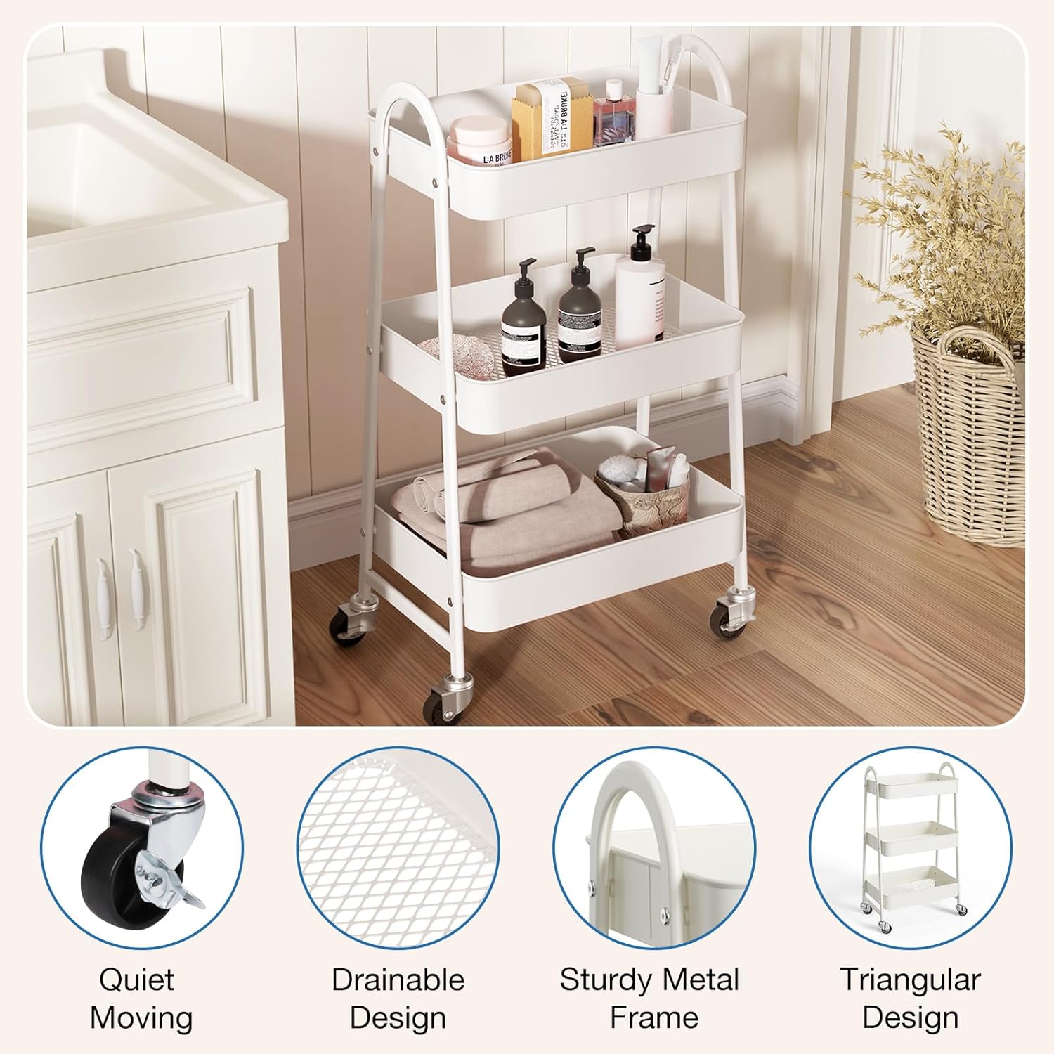 OLIXIS 3 Tier Utility Rolling Cart, Metal Mobile Storage Shelf with Lockable Caster Wheels, Organization for Livingroom, Bathroom & Narrow Places, White - Image 2