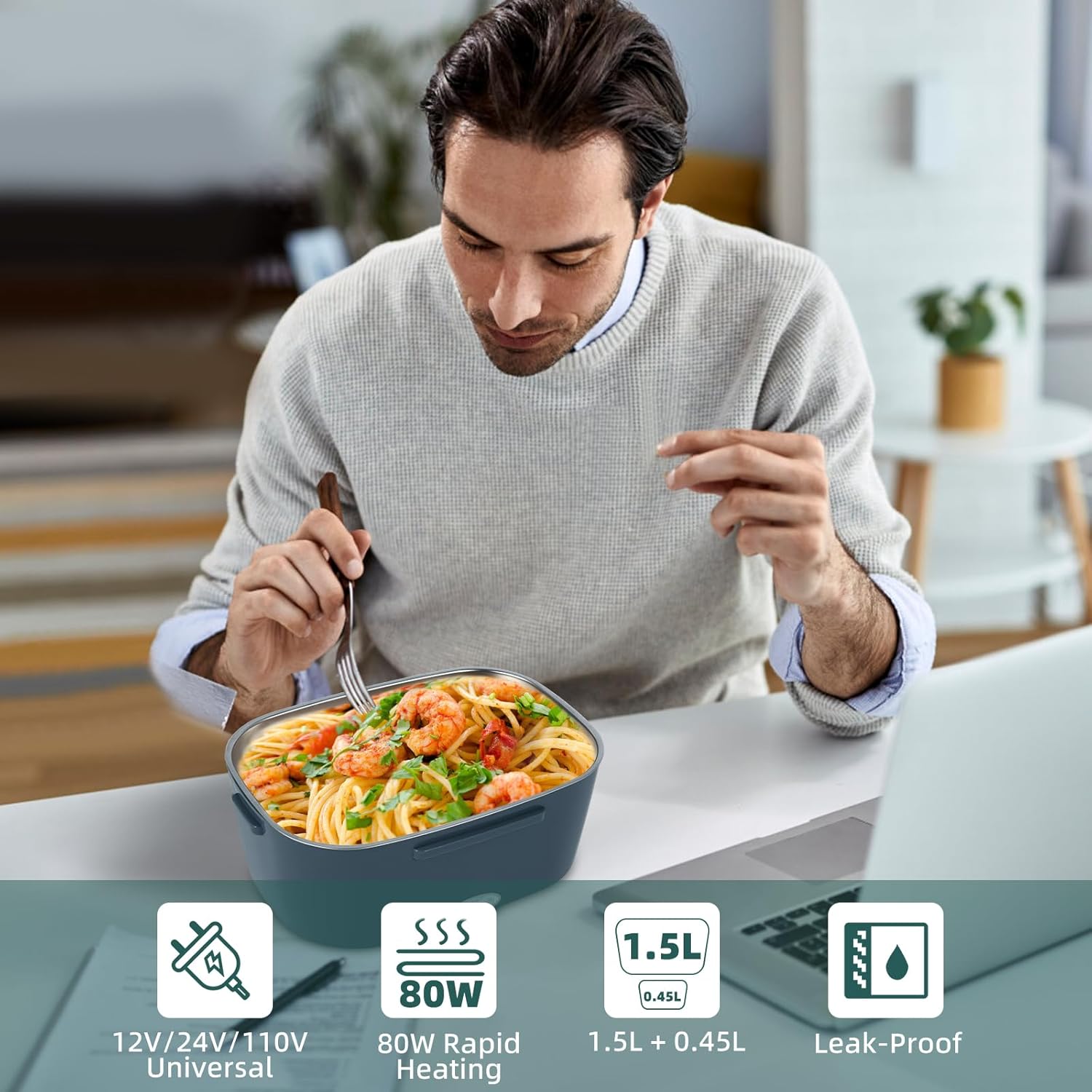 Electric Lunch Box Food Heater, 80W Portable Warmer for Car Truck Work with 304 Stainless Steel Container, 12V/24V/110V Green Heated Lunch Box Suitable for Ideal Driver/Work/Gift - Image 6