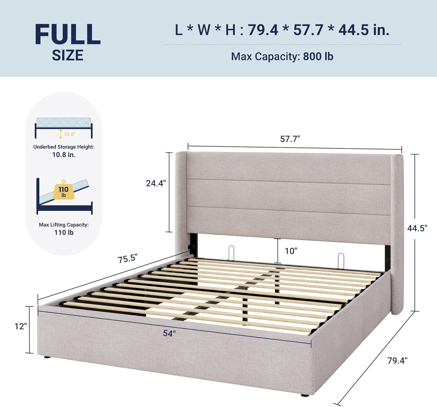 Allewie Full Size Lift Up Storage Bed, Modern Wingback Headboard, Hydraulic Support, No Box Spring Needed, Light Beige - Image 2