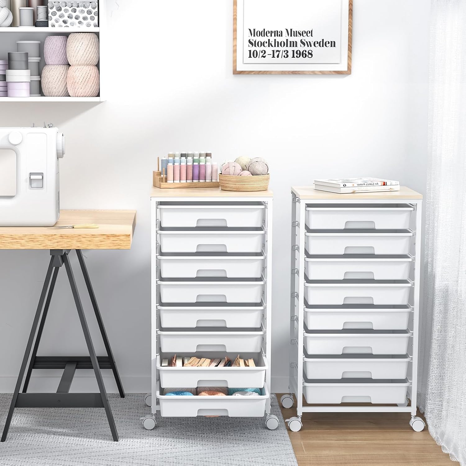 Rolling Storage Cart with Drawers,Utility Cart With 8 Drawers and Wooden Tabletop,Rolling Drawer Cart,Storage Drawer Cart for Living Room,Classroom,Bedroom,Bathroom,Dorm,Office,White - Image 7