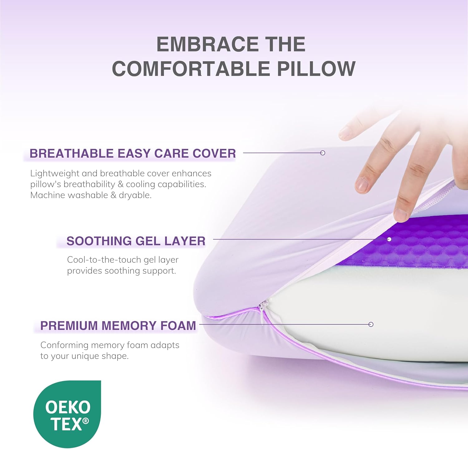 EGOHOME Cooling Gel Memory Foam Pillow - Reversible Cooling Cover, Neck Support for Side, Back and Stomach Sleepers, Removable & Machine Washable, All-Season Comfort, Standard Size, Purple - Image 3