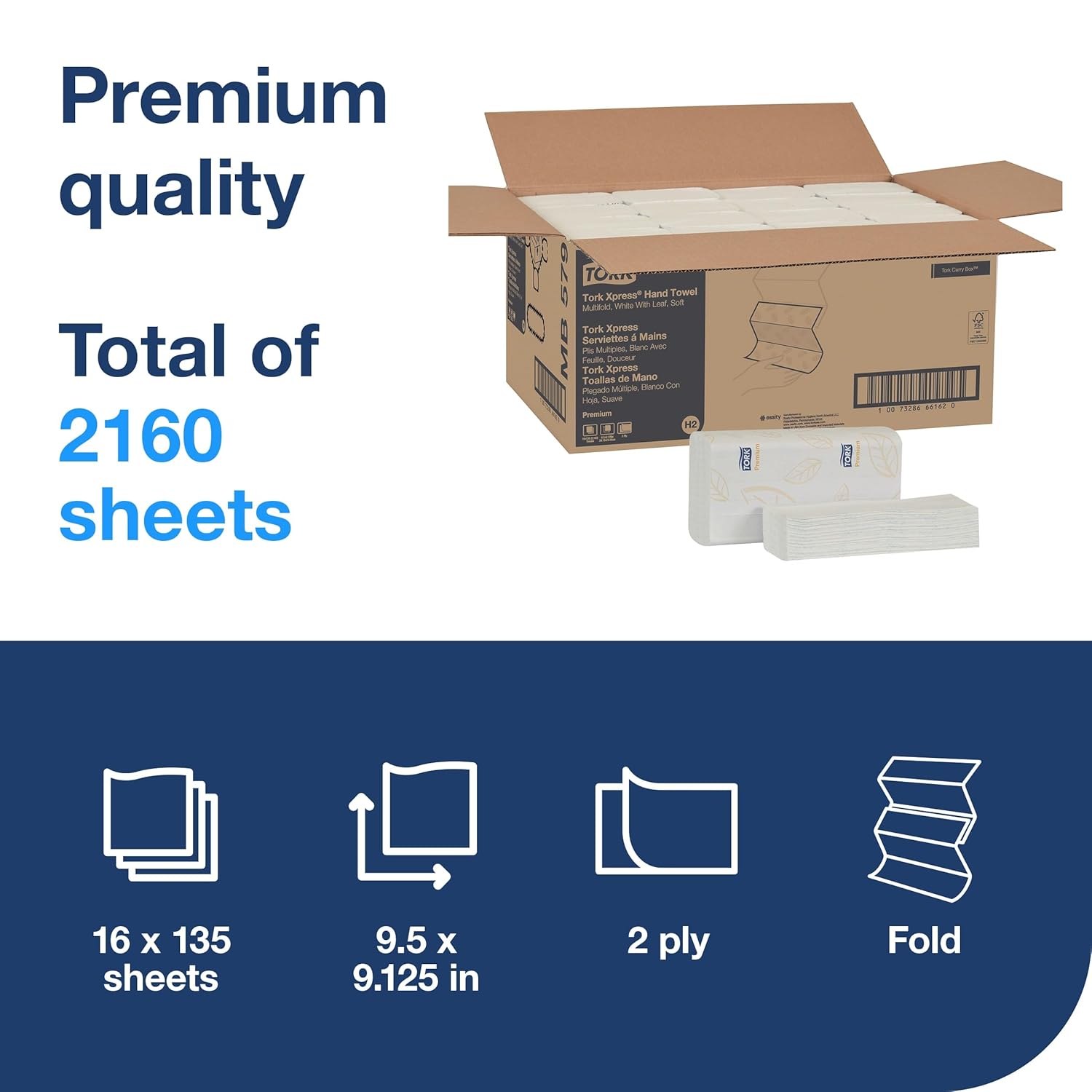 Tork Soft Xpress Multifold Paper Hand Towels White, H2 System Compatible 16 Packs X 135 Towels Each (MB579) - Image 2