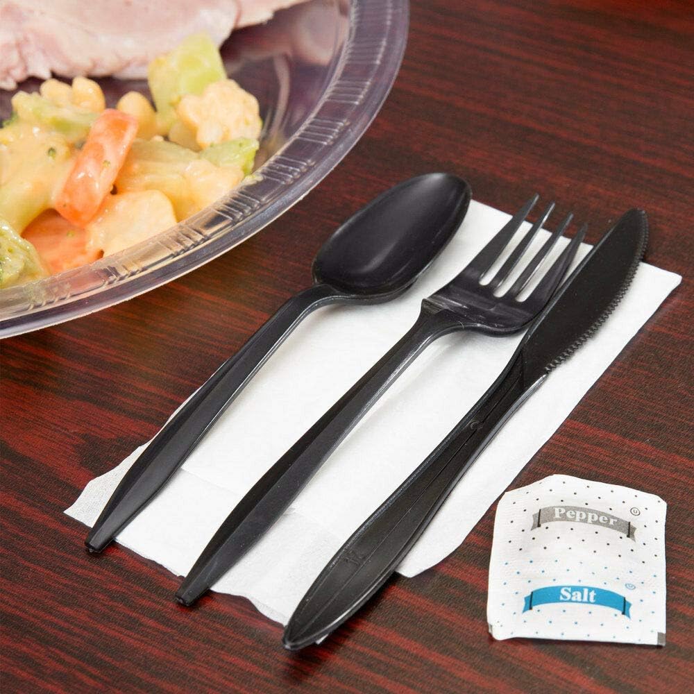 250 Plastic Cutlery Packets - Knife Fork Spoon Napkin Salt Pepper Sets | Black Silverware Sets Individually Wrapped Kits, Bulk Plastic Utensil Cutlery Disposable To Go Silverware - Image 3