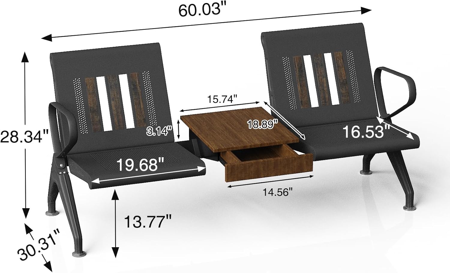 wonline Waiting Room Chairs 2 Seat w/Table, Waiting Room Chairs with Arm, Office Furniture Lobby Conference Reception Bench Office Guest Seating for Clinic Airport Hospital Barber Salon Bank - Image 3