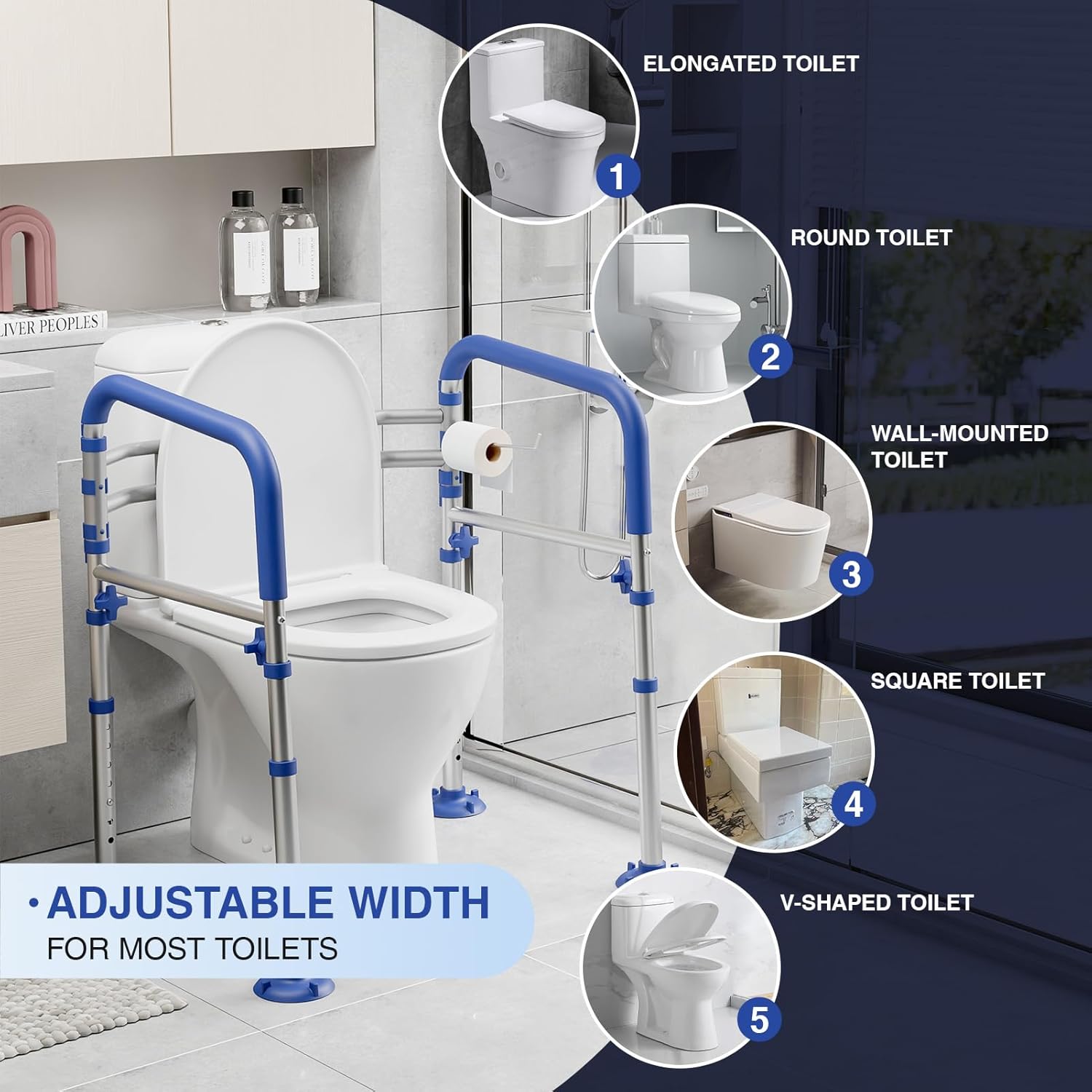 Foldable Toilet Safety Rails for Seniors - Adjustable Toilet Safety Frame & Toilet Handles for Elderly & Disabled, Fits Most Toilets, 350lb Capacity, Blue - Image 5