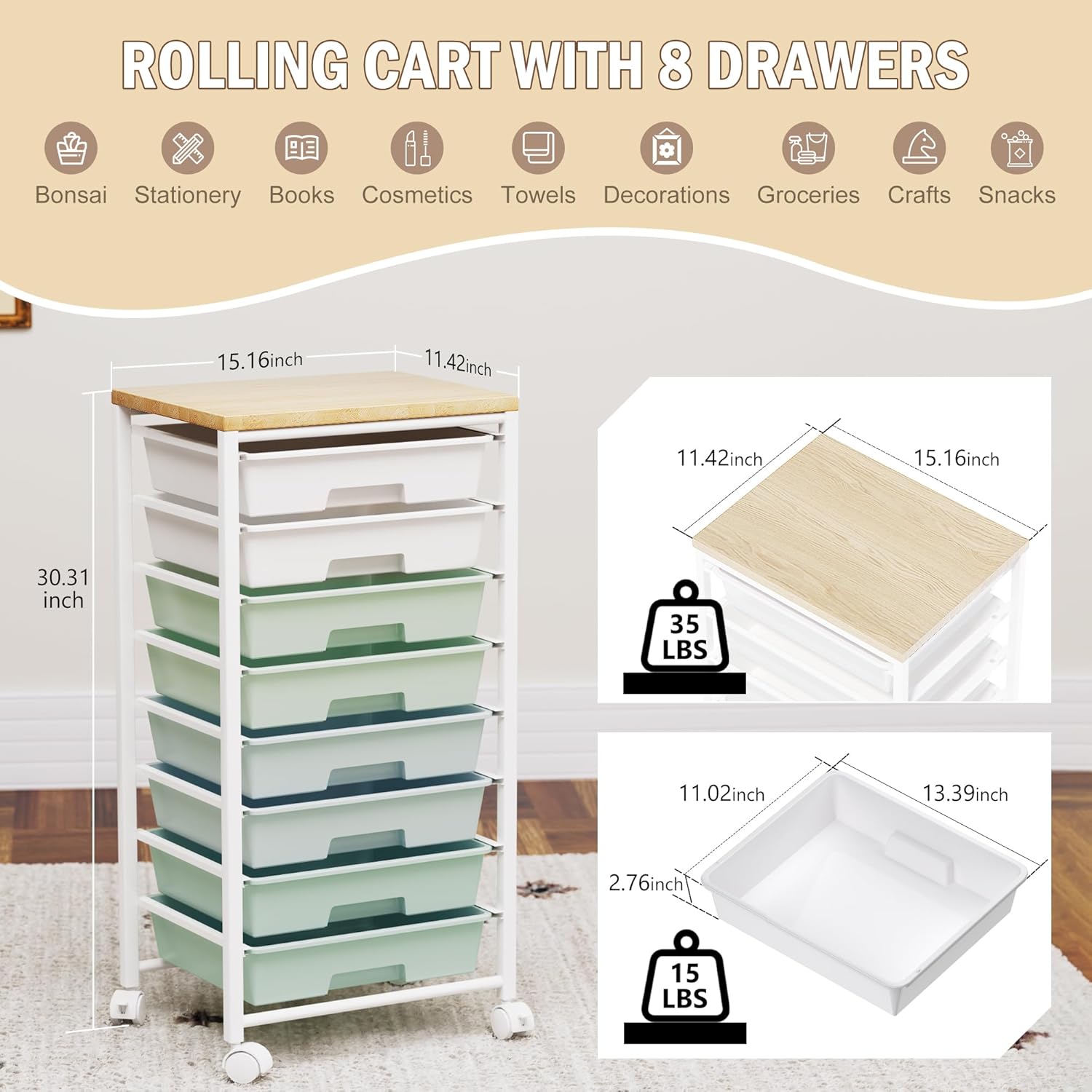 Rolling Cart with 8 Drawers, Storage Drawers Cart with Wooden Tabletop and Lockable Wheels, Craft Storage for Living Room, Office, Classroom, Craft Room, Bedroom - Image 2