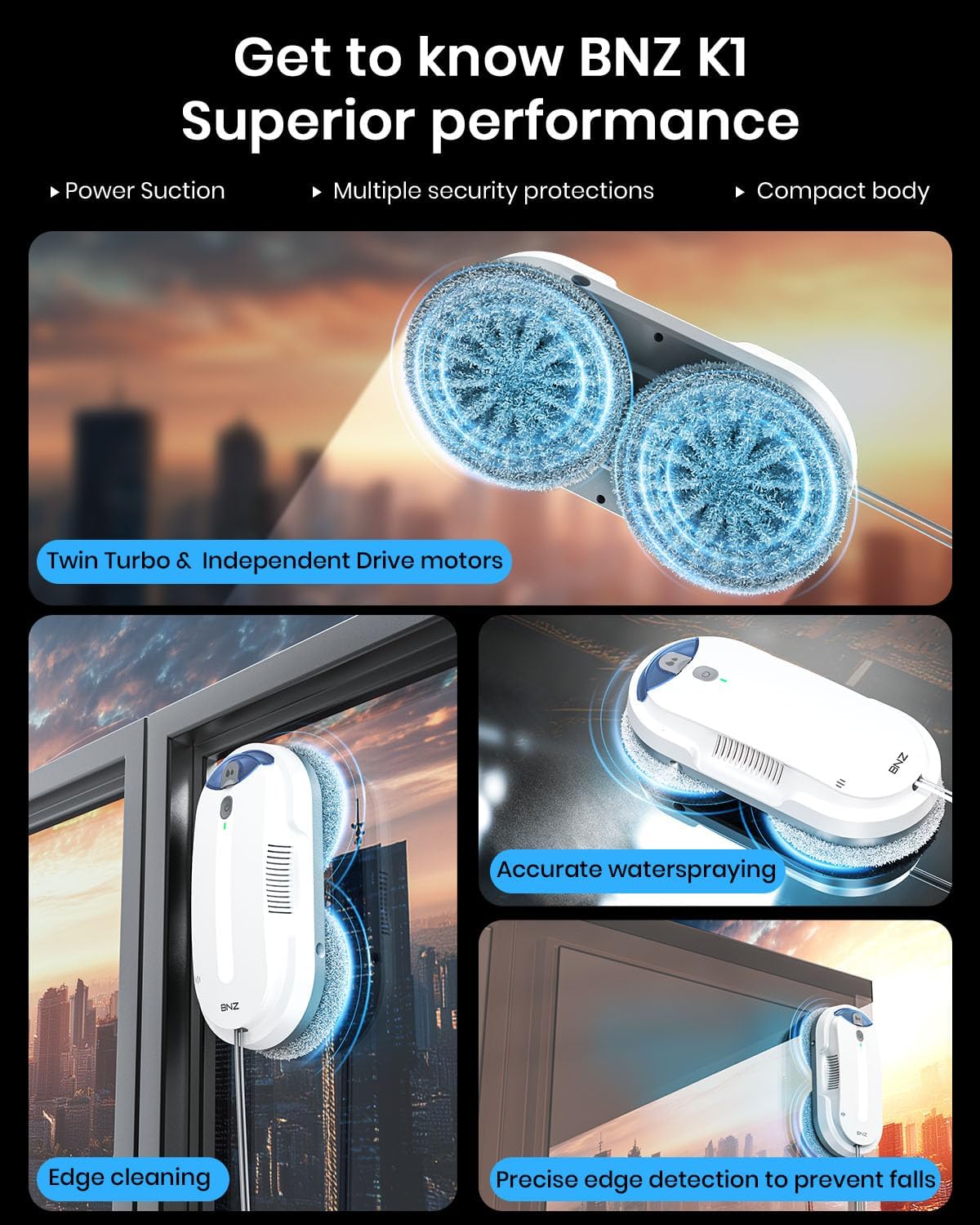 BNZ Smart Window Cleaning Robot, Twin Turbo & Dual Auto-Spray Window Cleaner with Multiple Safety System, AI Path Planning, Frameless Edge Detection, K1 (White) - Image 3