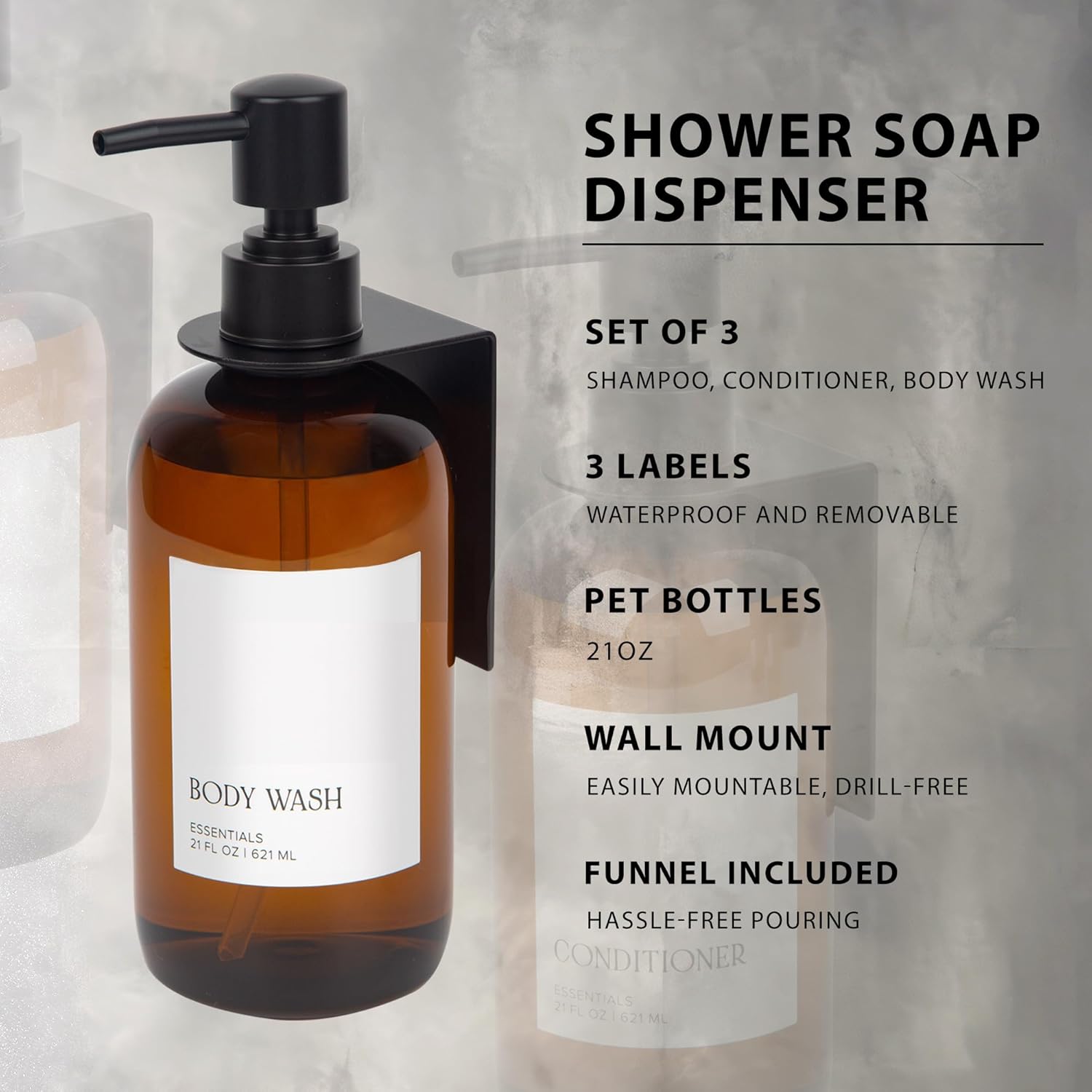 Stylish Shampoo and Conditioner Dispenser Set of 3 for Wall Mount - Modern Drill Free 21oz Shower Soap Bottles with Labels - Easy Refill Body Wash Dispensers for an Instant Bathroom Decor Upgrade - Image 7