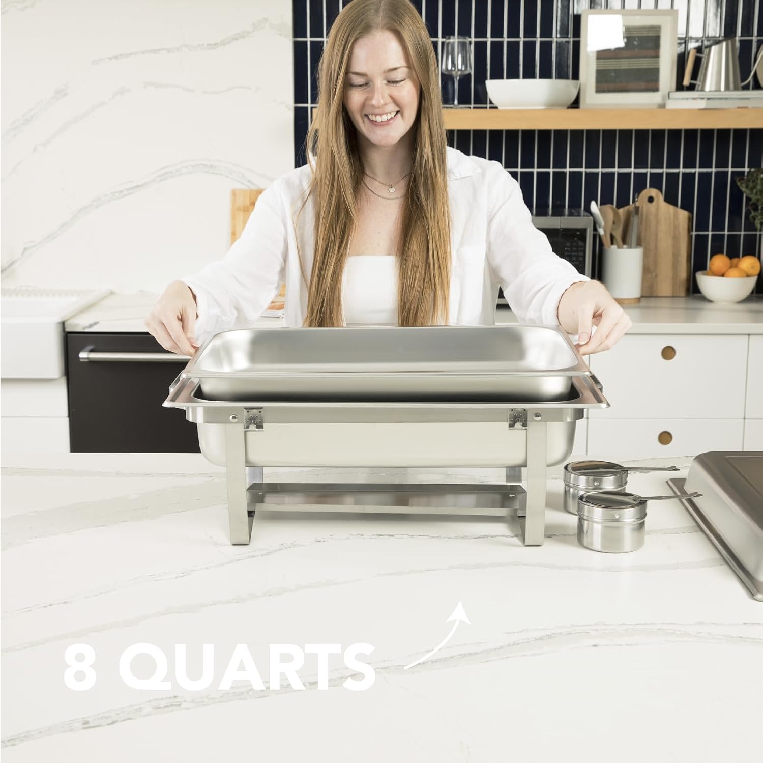 Alpha Living 4 Pack Chafing Dish Full Set – Stainless Steel Catering Chafer with Lids, Pans & Fuel Holders – Buffet Food Warmers for Parties, Events & Weddings – Alpine Gray Handles - Image 3