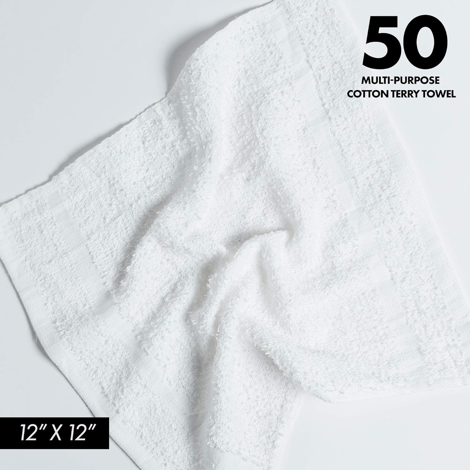 100% Cotton Terry Towels Cleaning Cloths Pack of 50 (12x12 Inches) White Cotton Terry Cloth Bar Rags White Bar Towels, Multipurpose High Absorbent Terry Towels for Cleaning Auto Detailing or Painters - Image 2