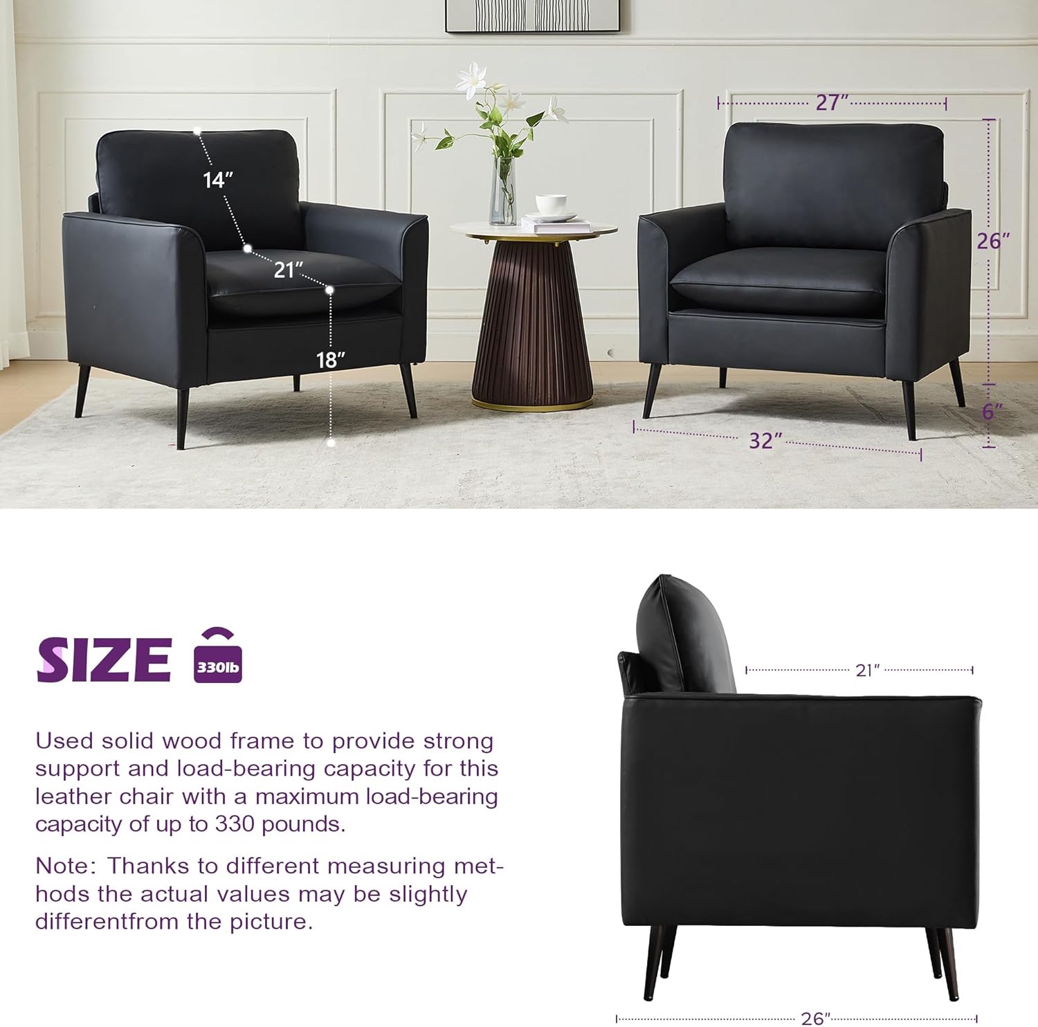 TYBOATLE Accent Chairs Set of 2, Black Leather Accent Chair, Comfy Living Room Chair, Cozy Reading Sitting Chair, Mid Century Modern Accent Chairs, Arm Reception Chairs, Office Furniture - Image 8