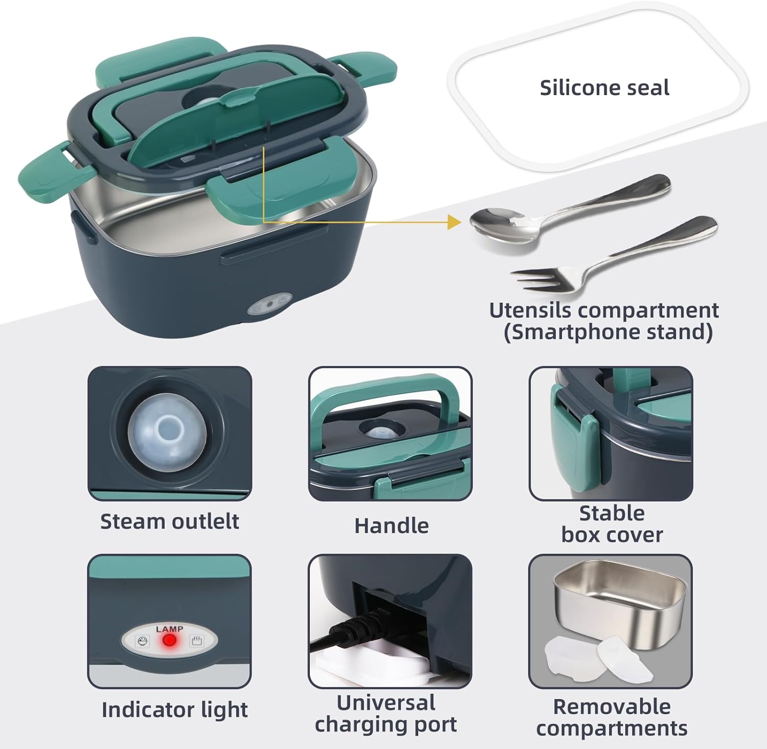 Electric Lunch Box Food Heater, 80W Portable Warmer for Car Truck Work with 304 Stainless Steel Container, 12V/24V/110V Green Heated Lunch Box Suitable for Ideal Driver/Work/Gift - Image 8