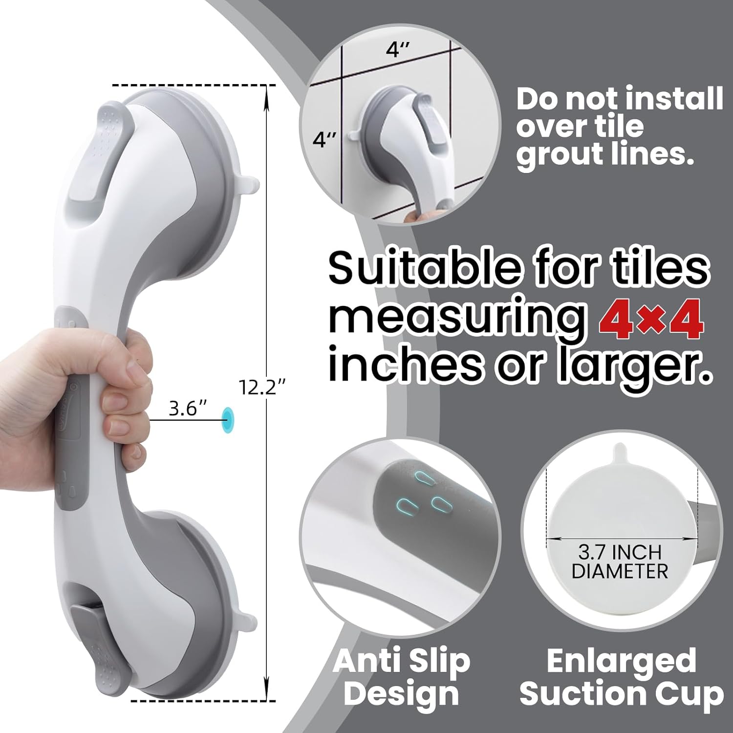 TAILI Shower Grab Bar, 2 Pack 12 Inch Suction Grab Bars for Bathtubs and Showers for Elderly, Shower Handle for Seniors Bathroom Safety Grip, No Drilling Removable,Grey - Image 3