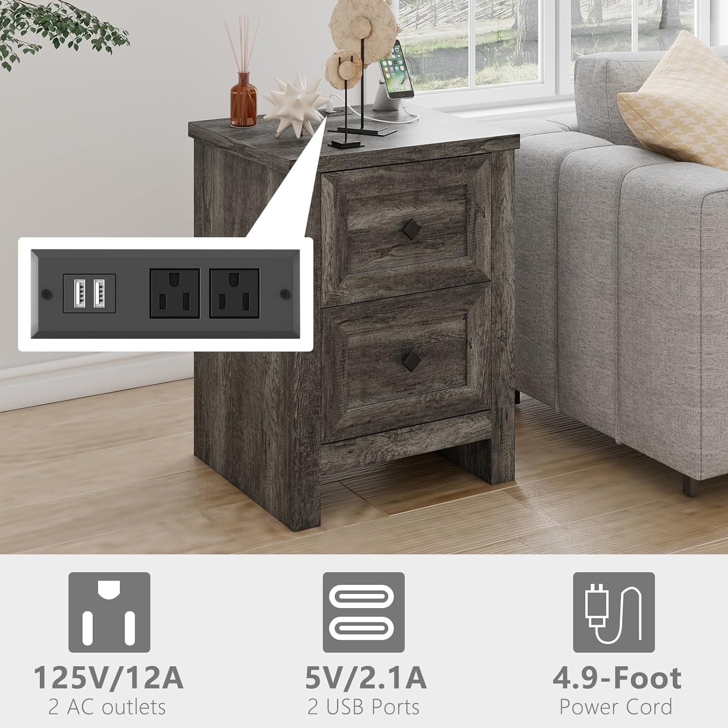 5-Piece Farmhouse Bedroom Set, 1 X Queen Size Bed Frame, 1 X 5 Drawer Dresser, 1 X Wood Rustic 6 Drawer Storage Dresser, Nightstand Set of 2 with Charging Station, Bedroom Furniture Set, Grey - Image 6