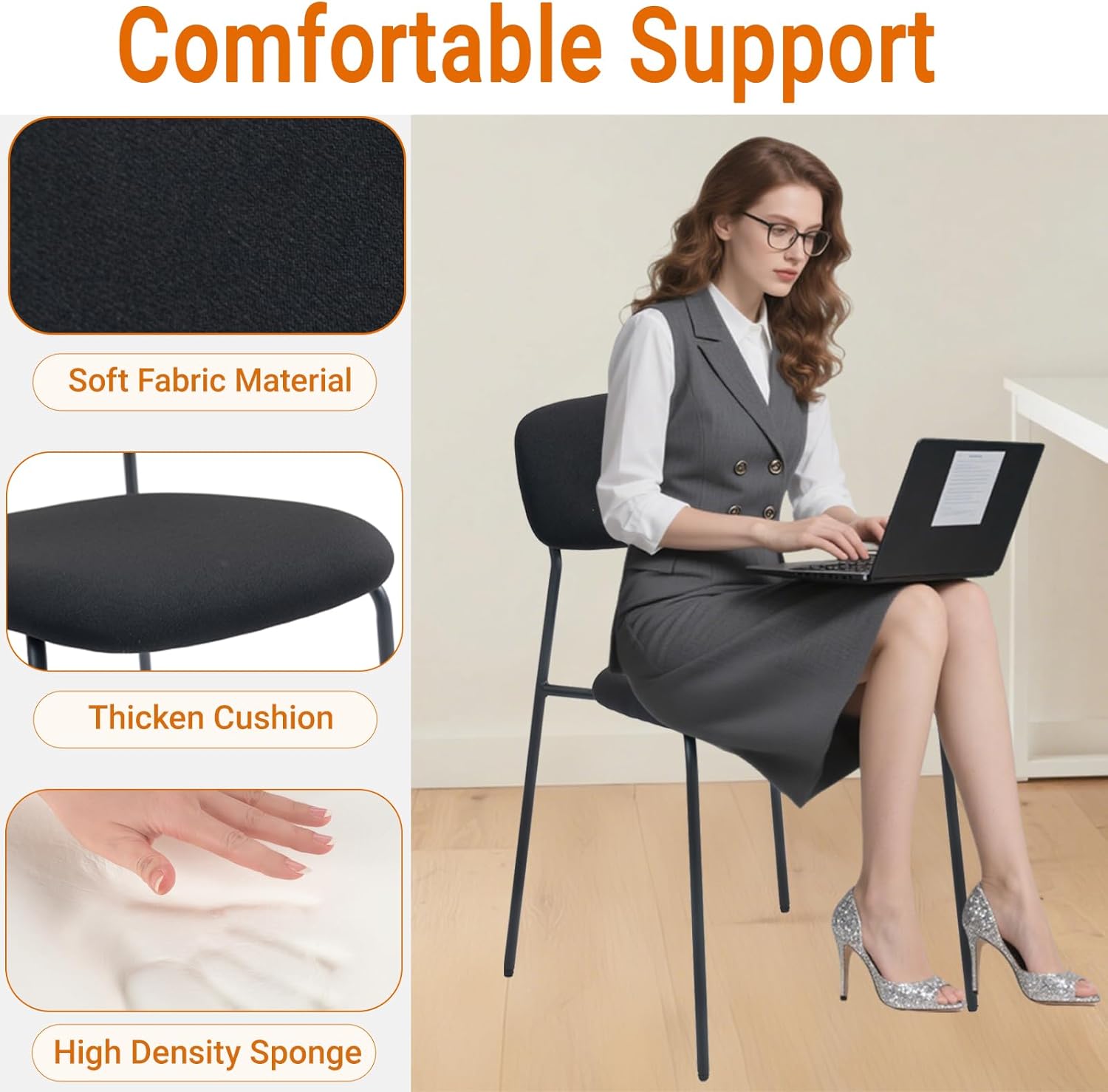 Sidanli Stackable Waiting Room Chairs, Armless Upholstered Guest Chairs Set of 4 with Comfotable Cushion for Conference Reception Break Room Lobby, Black - Image 4
