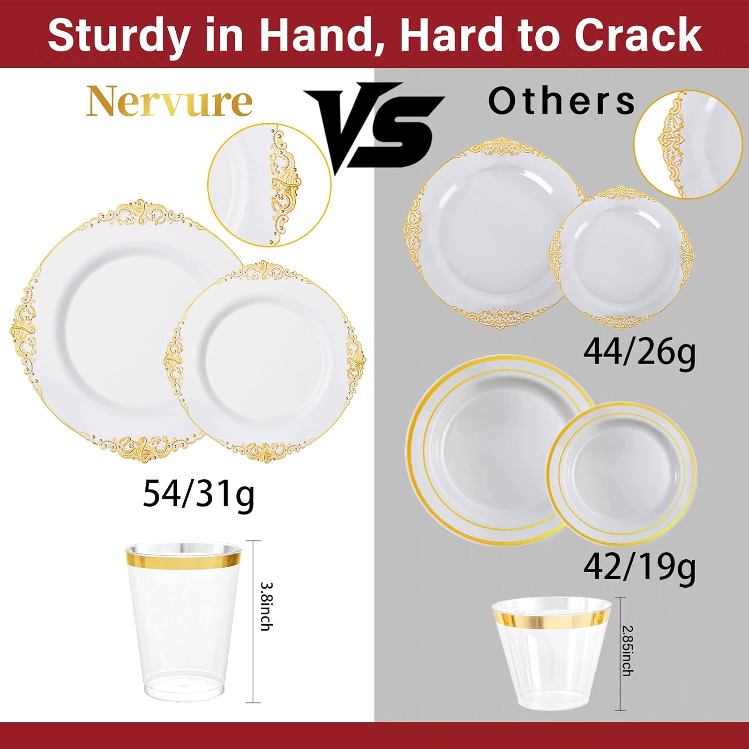Nervure 350PCS Gold Plastic Plates - Gold Plastic Dinnerware Sets for 50 Guests - 100 Disposable Plates, 150 Silverware, 50 Cups, 50 Napkins for Wedding & Party - Image 3