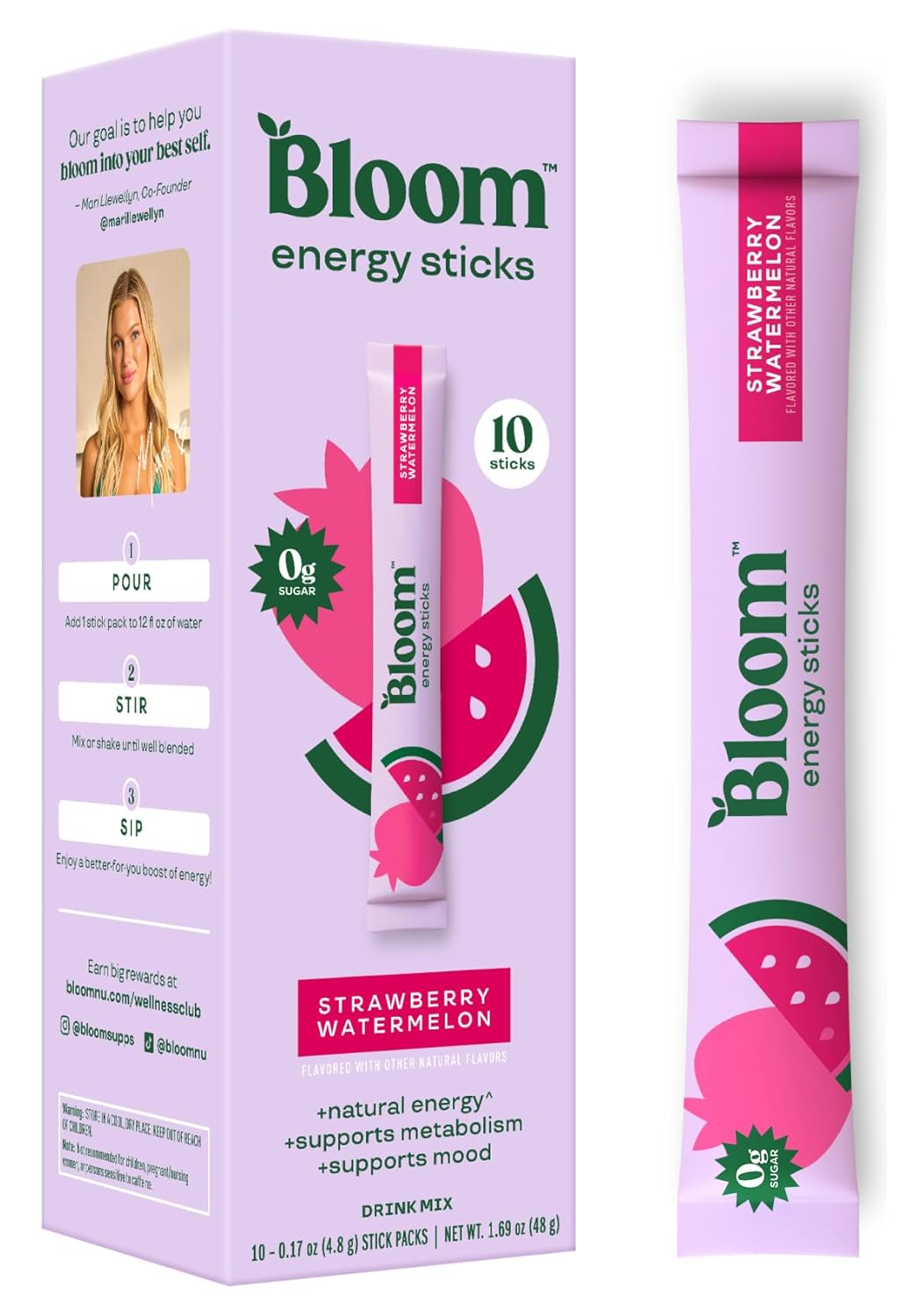 Bloom Nutrition Energy Drink Powder Packets, Sugar Free Energy Drink Mix with L-Theanine, B Vitamins & Natural Caffeine, On the Go Powder Sticks for Natural Energy, 10 Calories (10 Pouches (Pack of 1), Strawberry Watermelon)