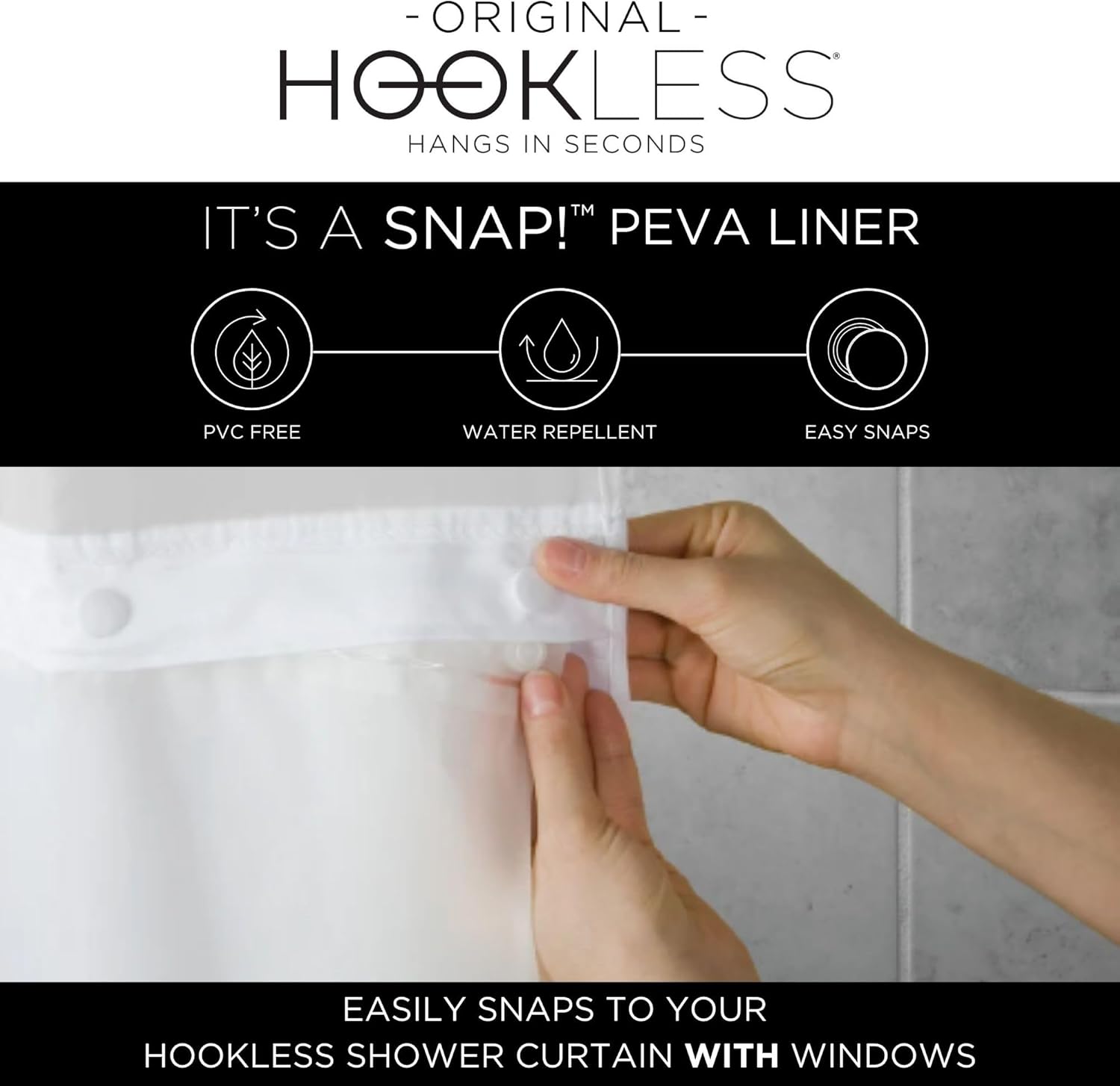 Hookless It’s A Snap! Plastic PEVA Antimicrobial Snap-in Replacement Shower Curtain Liner for Hookless Curtain with Sheer Window, 70" x 54", Water-Repellent, Easy Install, Frost - Image 3