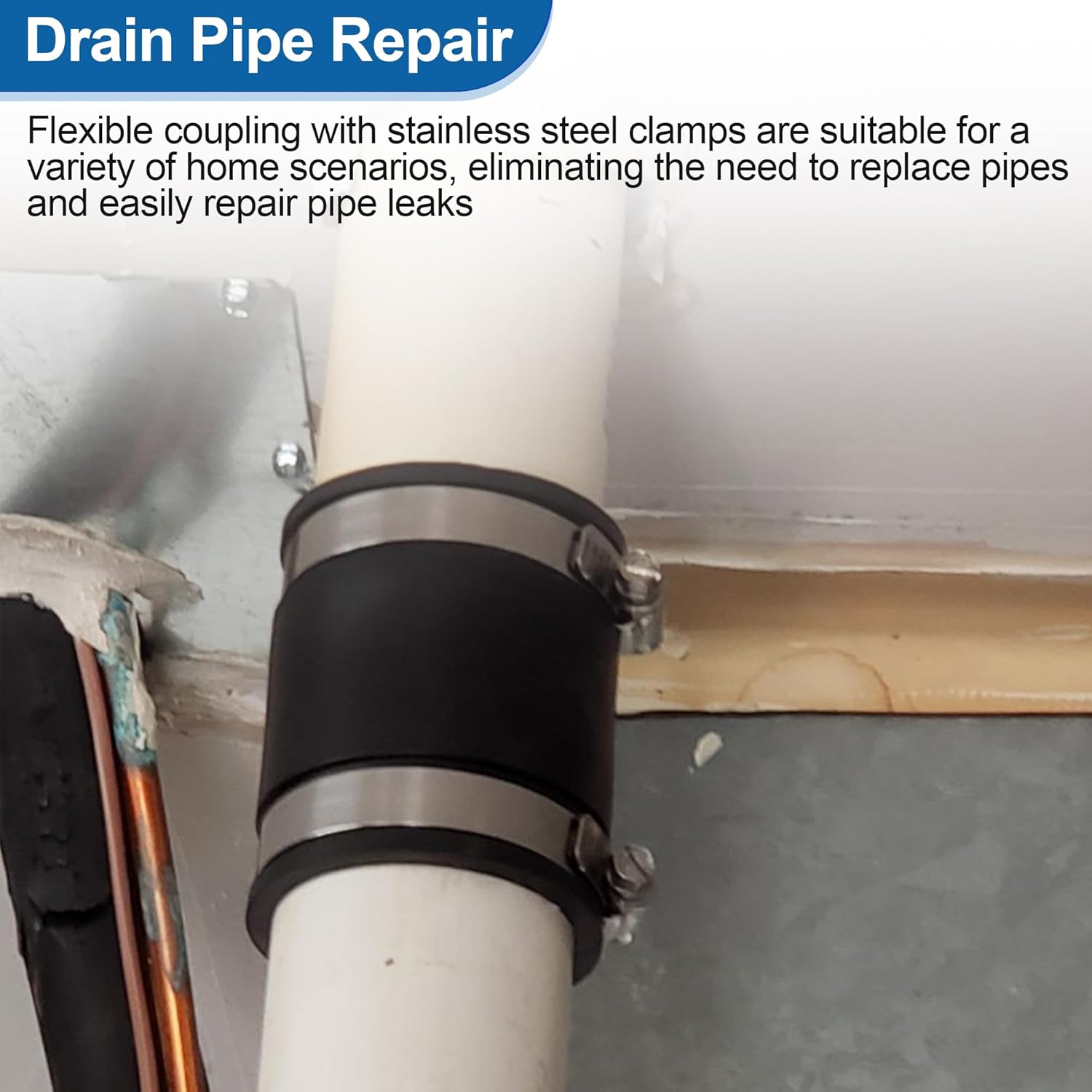 Flexible PVC Pipe Coupling Connector Replacement, for 1-1/2" Nominal Pipes, 1.9" ID Flexible PVC Condensate Pipe Coupling with Stainless Steel Hose Clamps, Schedule 40 Pipes Connector - Image 7
