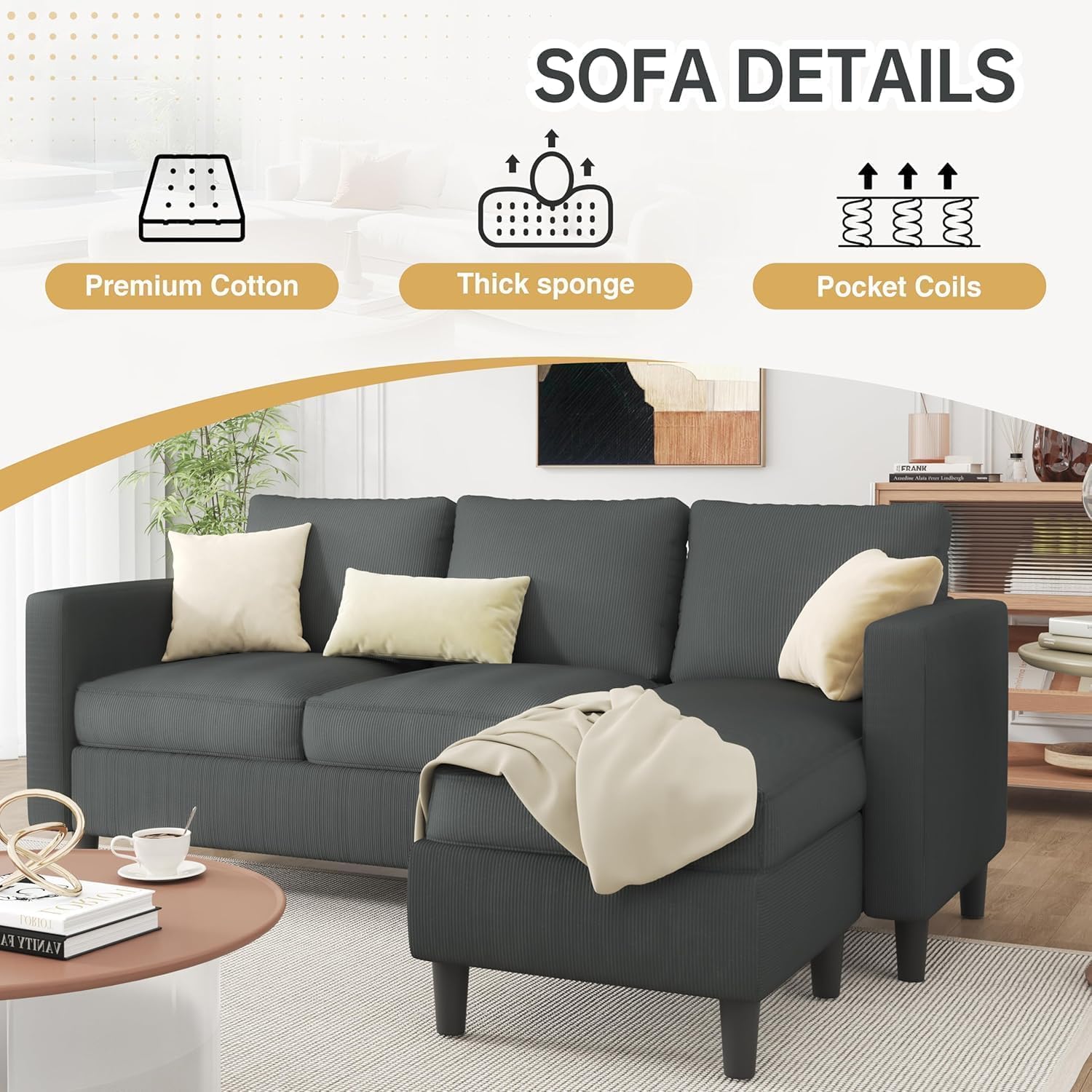 JAMFLY 3-Seat Convertible L-Shaped Sectional Sofa with Reversible Ottoman, Upholstered Fabric Couch for Small Living Rooms, Modern Modular Couch for Apartment, Studio & Loft, Grey - Image 6