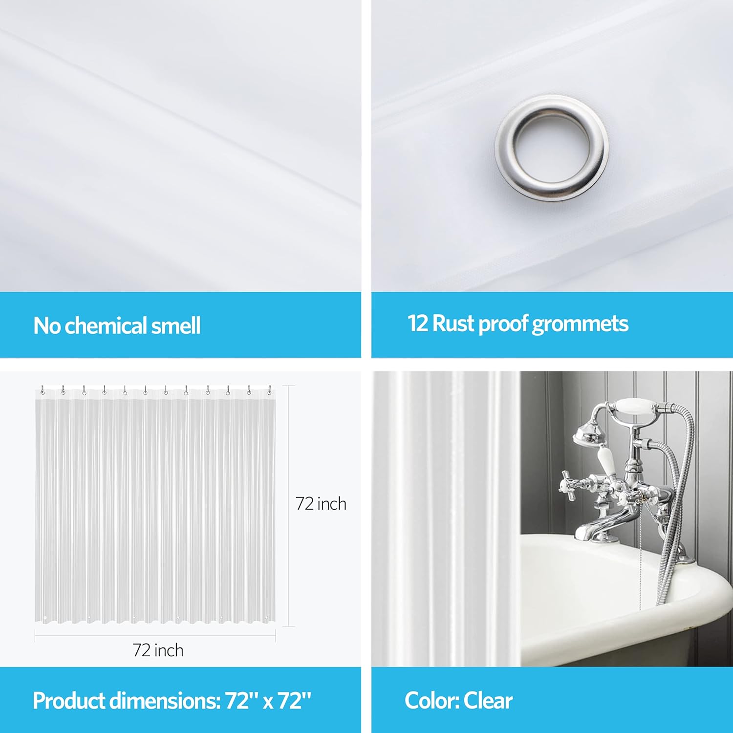 EHZNZIE Clear Shower Curtain Liner Light Weight PEVA, Shower Liner 72x72 Inches, Waterproof, No Chemical Smell with 12 Rust Proof Metal Grommets Holes for Bathroom Shower Curtain - Image 4