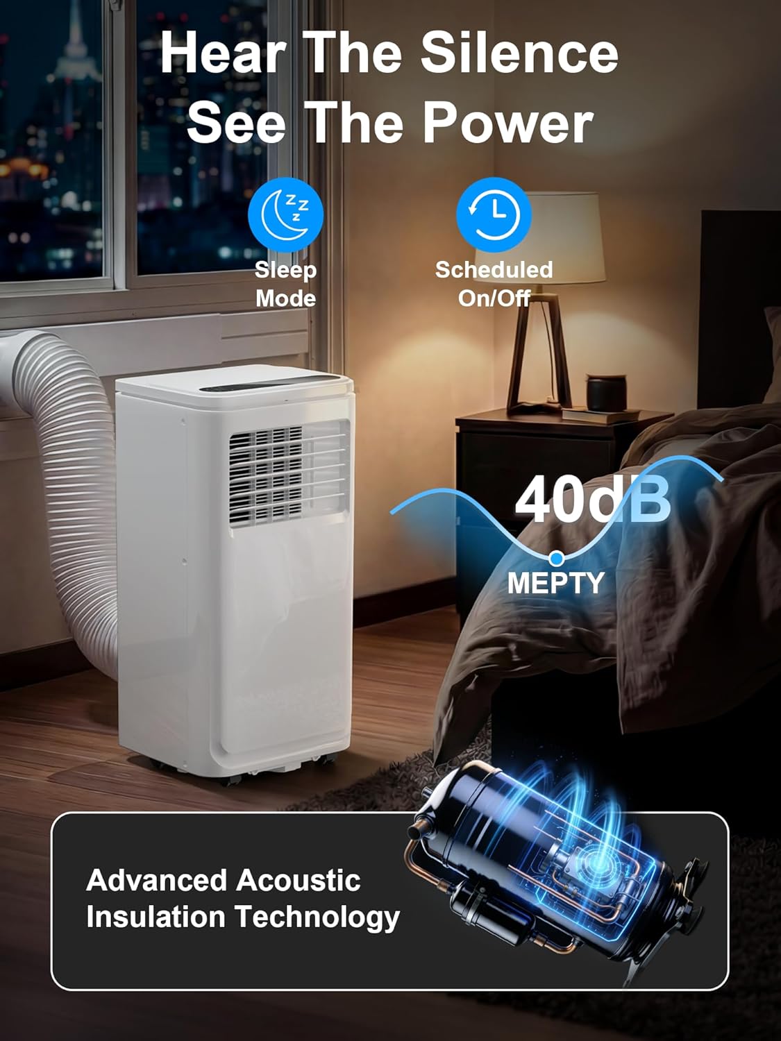 MEPTY Portable Air Conditioners, 10000 BTU Portable AC Unit with Dehumidifier, Sleep Mode, 24H Timer, Cools Room up to 450 sq.ft, Room Air Conditioners with Self-evaporation System for Bedroom - Image 4