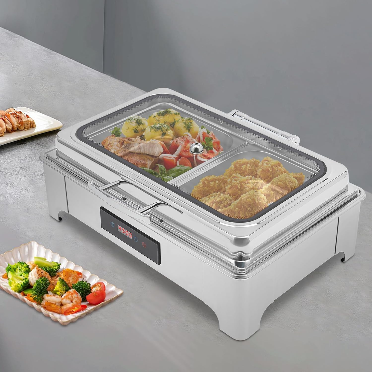 2 Pan Electric Chafing Buffet Dishes 9L Electric Buffet Server and Warmer Touch Control Food Warmer Buffet 95-194℉ with Temp Display & Glass Lid for Parties Catering Wedding - Image 2