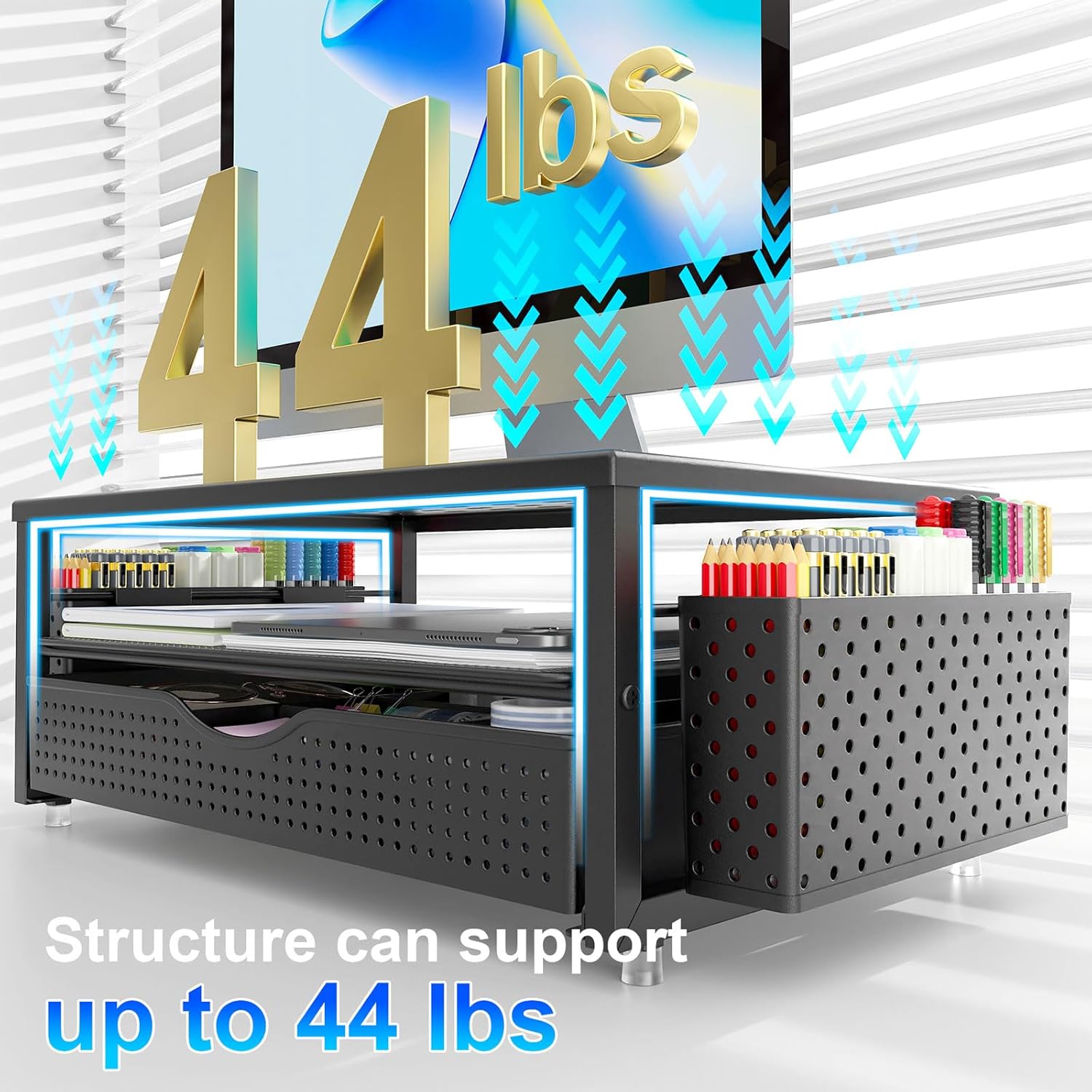 gianotter Desk Organizers and Accessories, Monitor Stand with Drawer and 2 Pen Holder, Desktop Organizer Suitable for Offices and Dormitories (Black) - Image 4