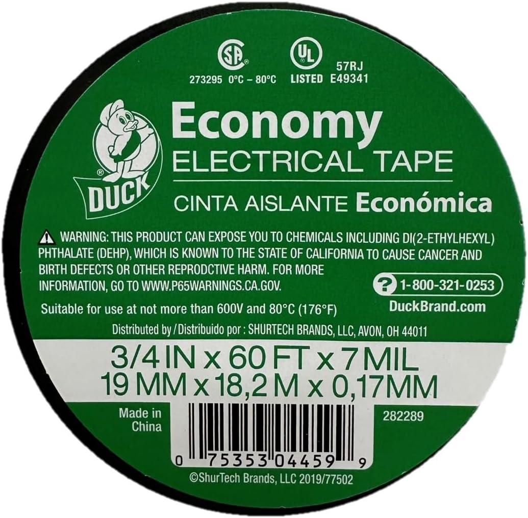 Duck Brand Economy Electrical Tape, 3/4-Inch by 60 Feet, Single Roll, Black (282289)