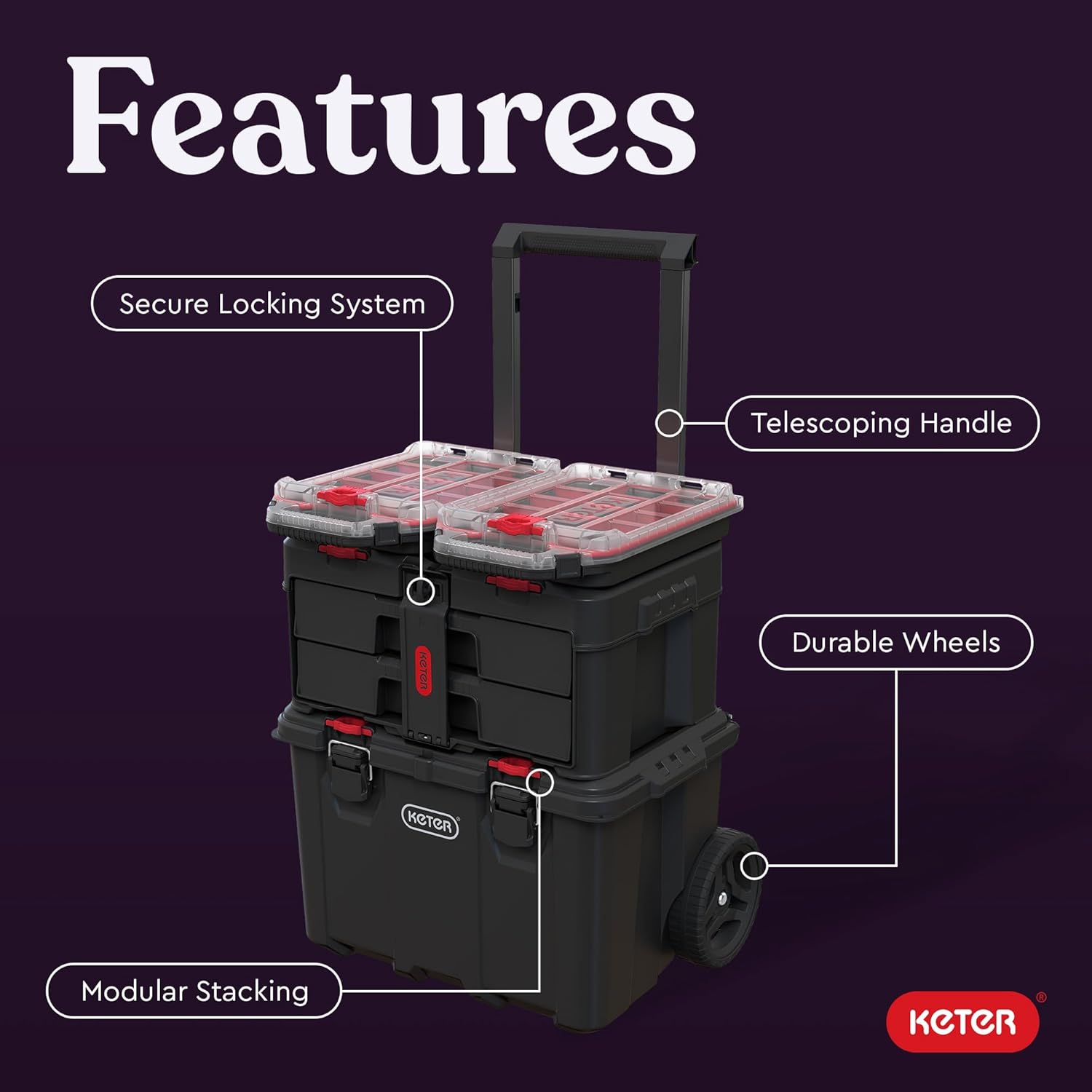 Keter Stack-n-Roll 2.0 Modular Tools Organizer for Garage Storage and DIY, 3 Piece Resin Rolling Tool Box System for Small Parts, Black - Image 3