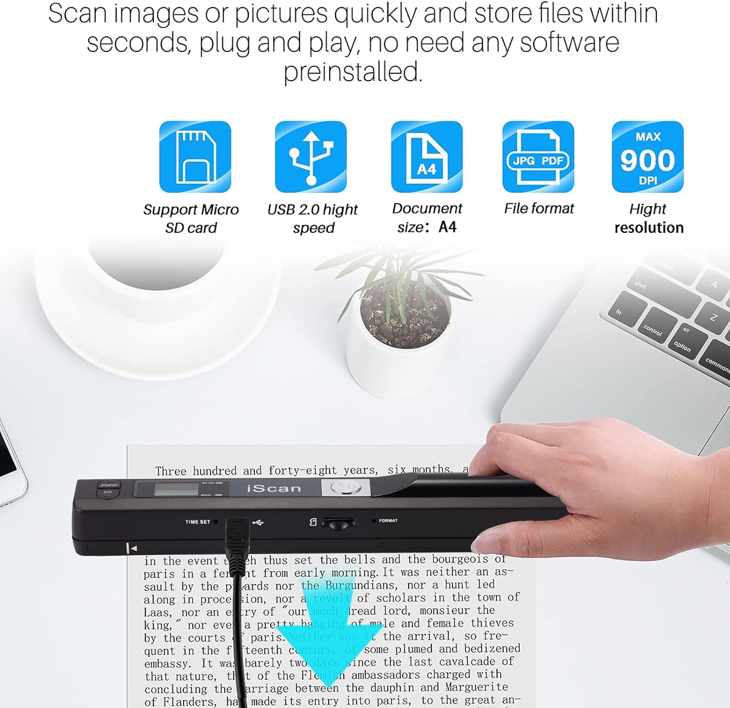 Portable Document Scanner, AOZBZ 900DPI Handheld Image Scanner, Scanning Wand,A4 Colour Photo Mobile Scanner Handy Scan (JPG/PDF Format, High Speed USB 2.0, Included 16G SD Card) - Image 3