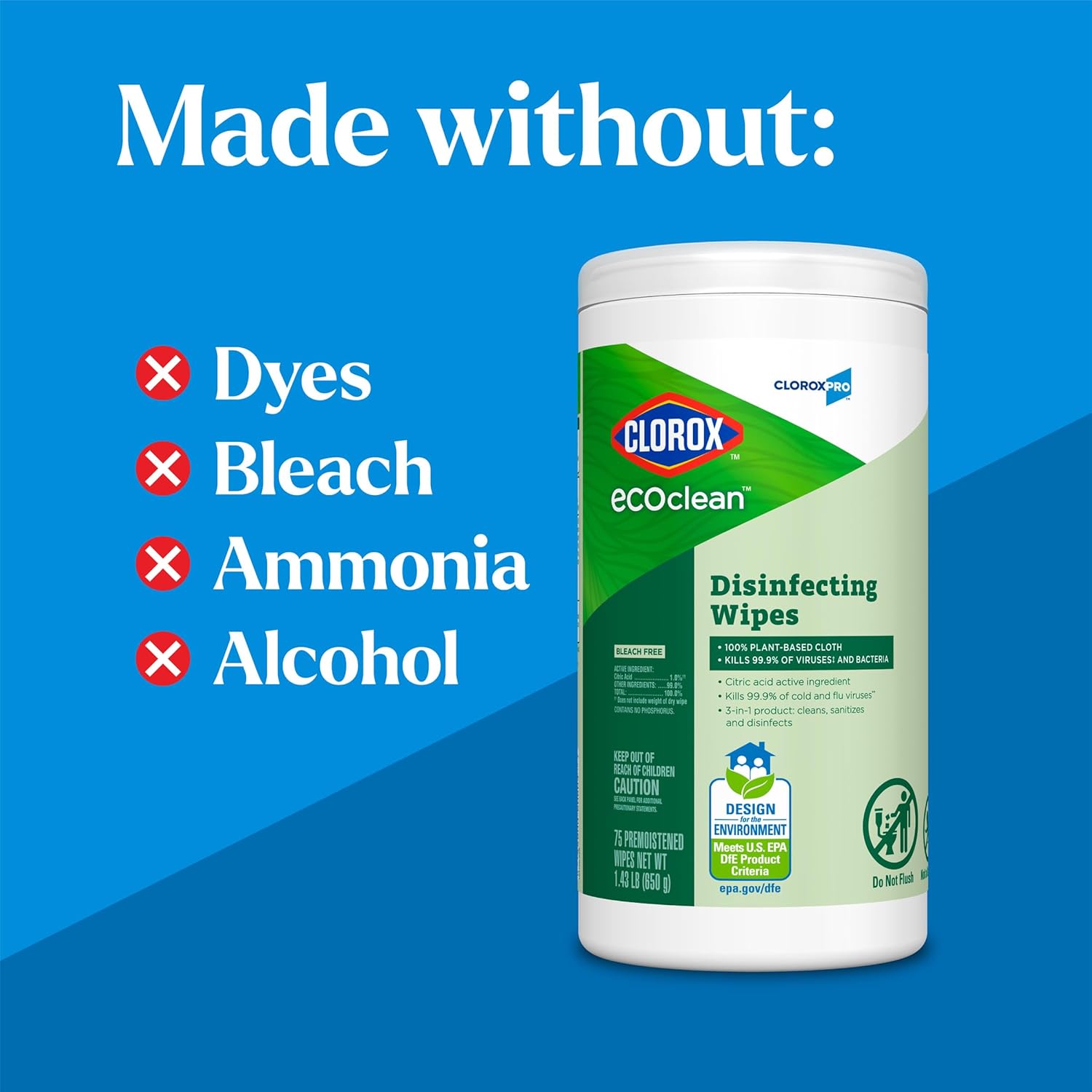 CloroxPro Clorox EcoClean Disinfecting Wipes, Multipurpose 100% Plant Based Cleaning Cloths, Antibacterial Disinfectant, Safe for Multi Surface Use, 75 Count (Pack of 6) - Image 4
