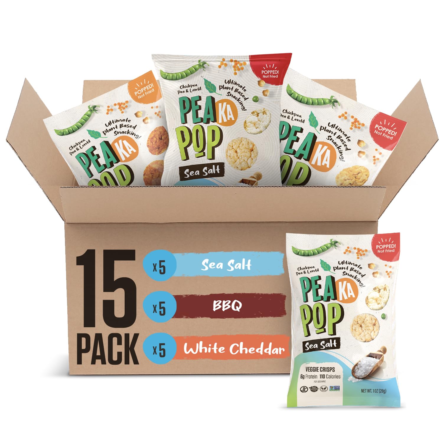 PeaKaPop Veggie Chips – Plant-Based, Healthy Veggie Crisps with Pea, Lentil & Chickpea Protein – Vegan, Gluten-Free, Popped Chips – Snack Size for Kids & Adults – 1 oz Bags (15-Pack) – Variety Pack
