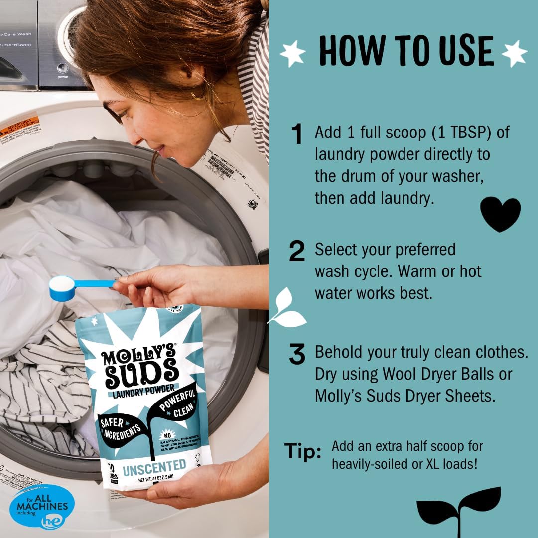 Molly's Suds Original Laundry Detergent Powder | Clean Laundry Detergent Powder for Sensitive Skin | Simple, Effective Ingredients, Stain Fighting | 120 Loads (Unscented) - Image 5