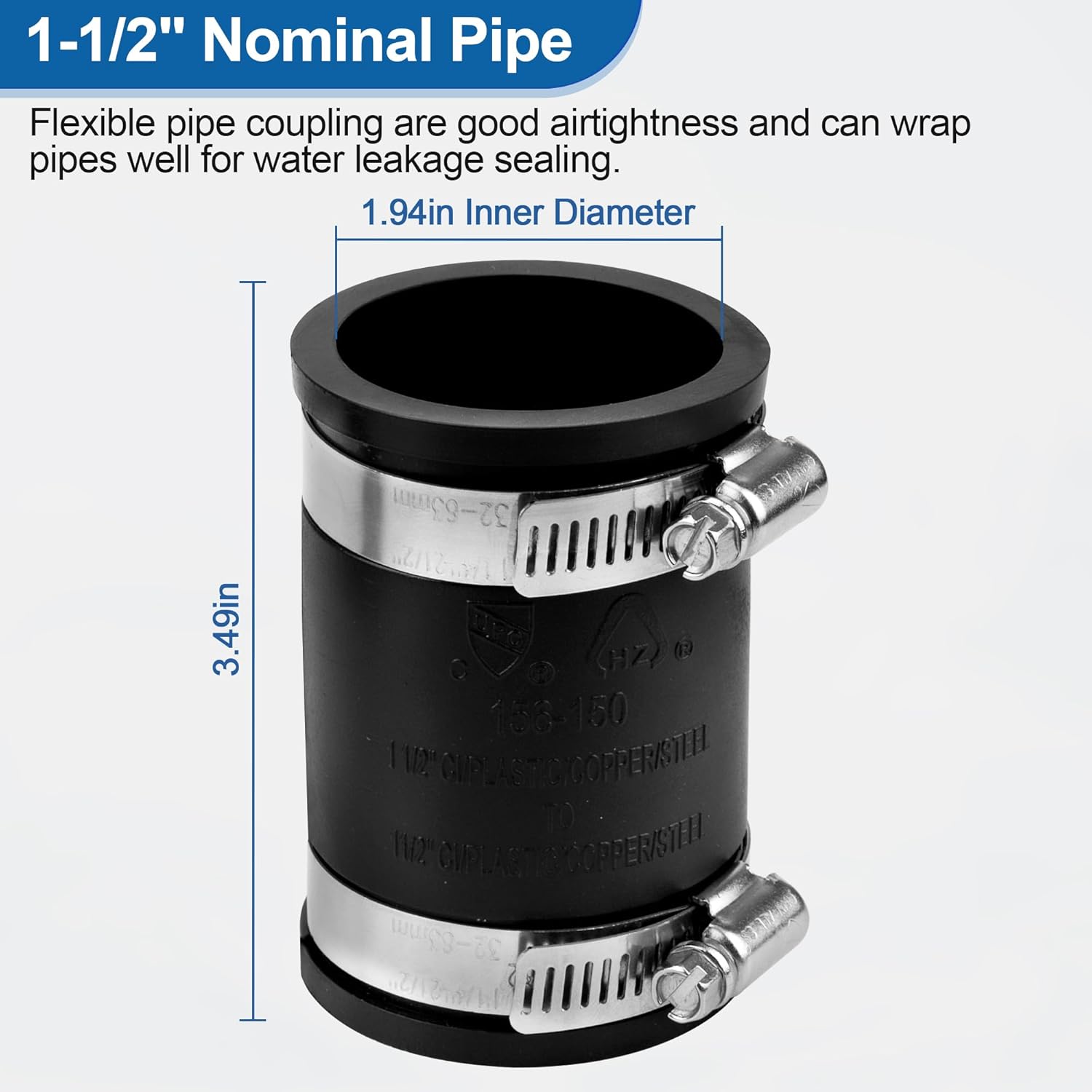 Flexible PVC Pipe Coupling Connector Replacement, for 1-1/2" Nominal Pipes, 1.9" ID Flexible PVC Condensate Pipe Coupling with Stainless Steel Hose Clamps, Schedule 40 Pipes Connector - Image 2