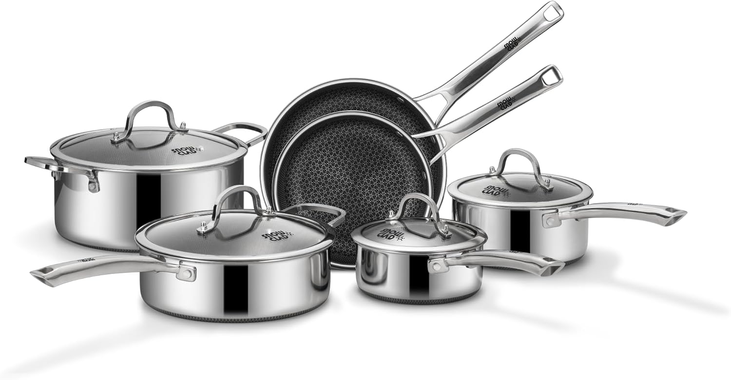 Pots and Pans Set Non Stick, 10 Pcs Hybrid Stainless Steel Cookware Sets, Non Stick Frying Pans, Saucepans, Saute Pan & Stock Pot, PFOA Free Kitchen Skillet,Induction Compatible