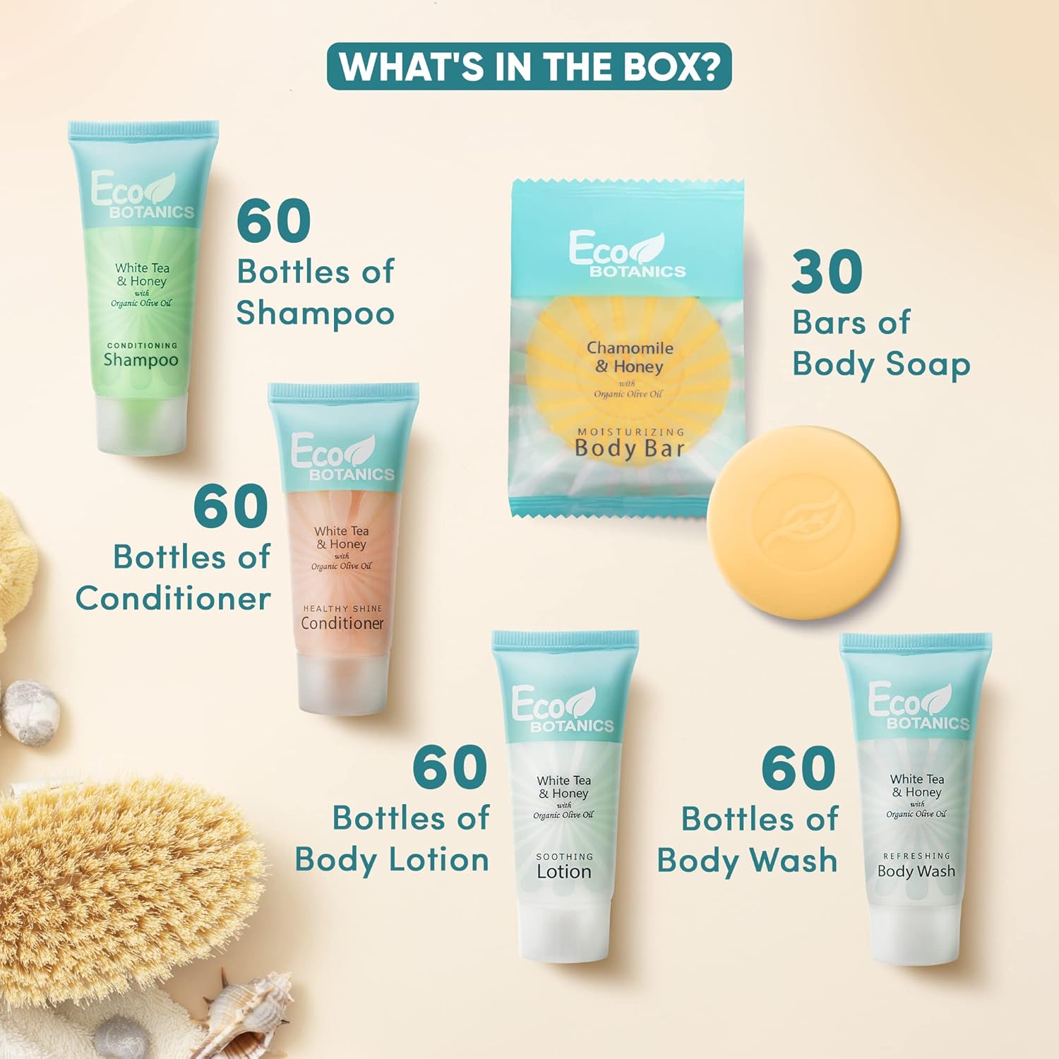 Travel Size Hotel Toiletry Set 300 Count 0.85 oz Bottles Guest Amenities for Vacation Rentals and Short Term Rentals Paraben Free White Tea Scent Infused with Aloe and Olive Oil by Eco Botanics - Image 3