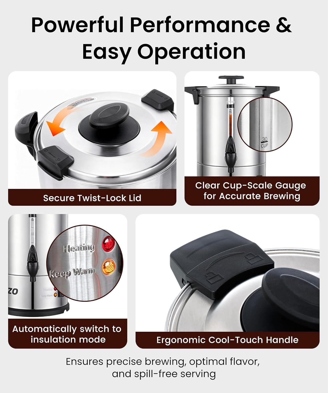 Commercial Coffee Maker 50-Cup Large Coffee Urn with Percolator Coffee Pot Electric 8L Stainless Steel Fast Brew Hot Water Dispenser for Tea Catering Events Home Office Easy Cleaning - Image 3