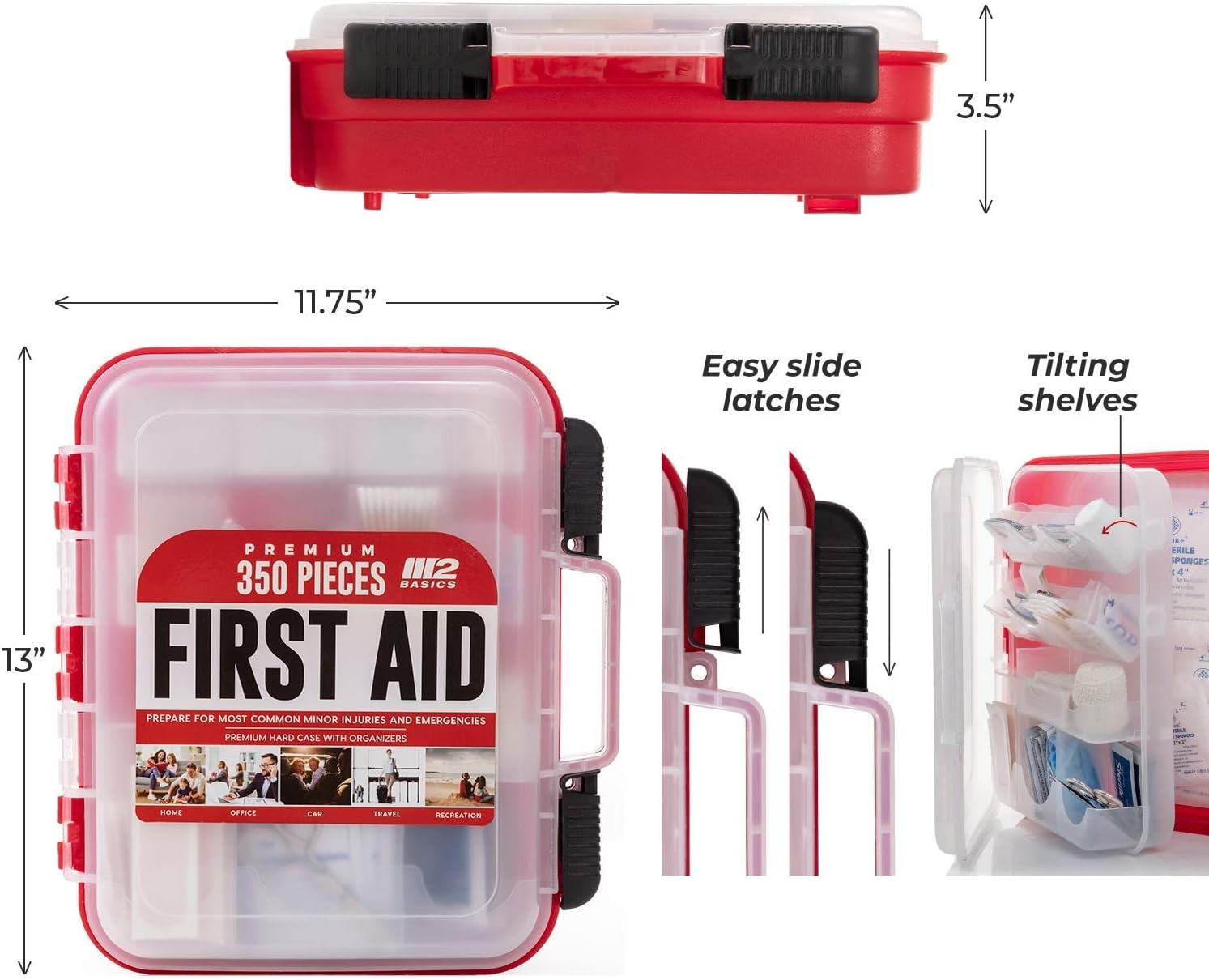 M2 BASICS Professional First Aid Kit, 350 Pieces, Wall Mountable with Dual Layer Organization for Home, Business, Car, Vehicle & Office - Image 4
