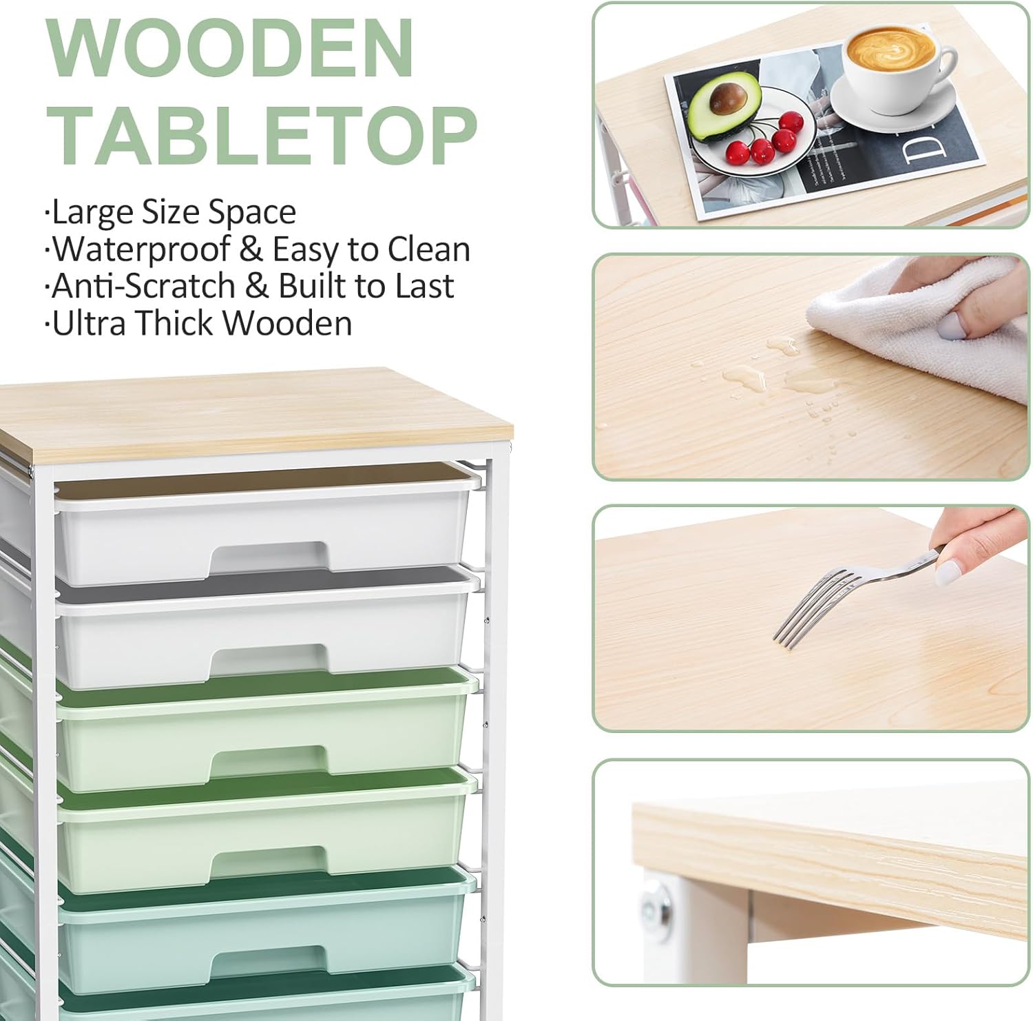 Rolling Storage Utility Cart Organizers with 8 Drawers and Wooden Tabletop for Living Room,Office,Classroom,Craft Room,Bedroom,Dorm,Green - Image 3