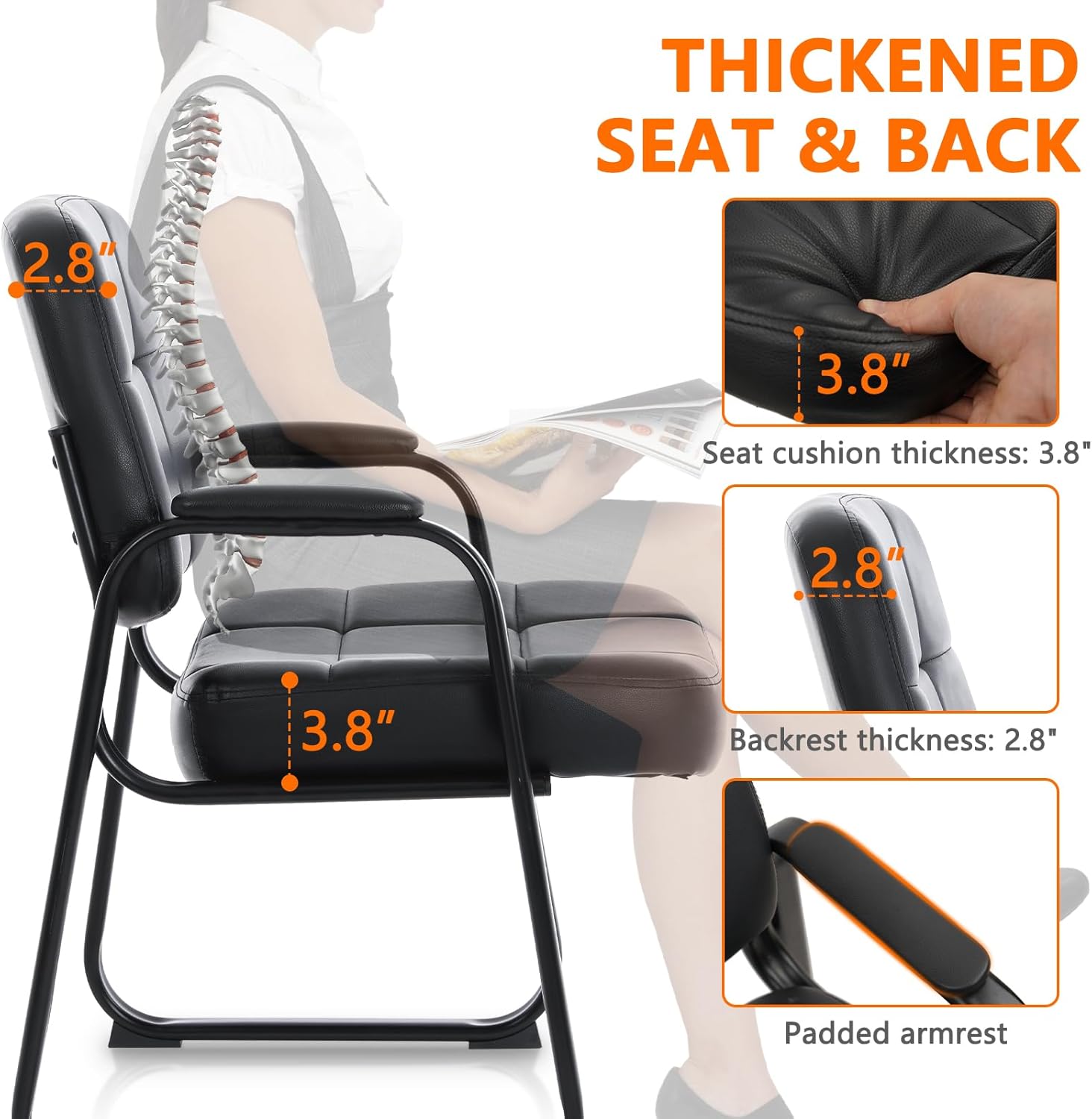 CLATINA Big & Tall Waiting Room Guest Chair with Bonded Leather Padded Arm Rest and Sled Base for Office Reception Lobby and Conference Desk, Black(4 Pack) - Image 7