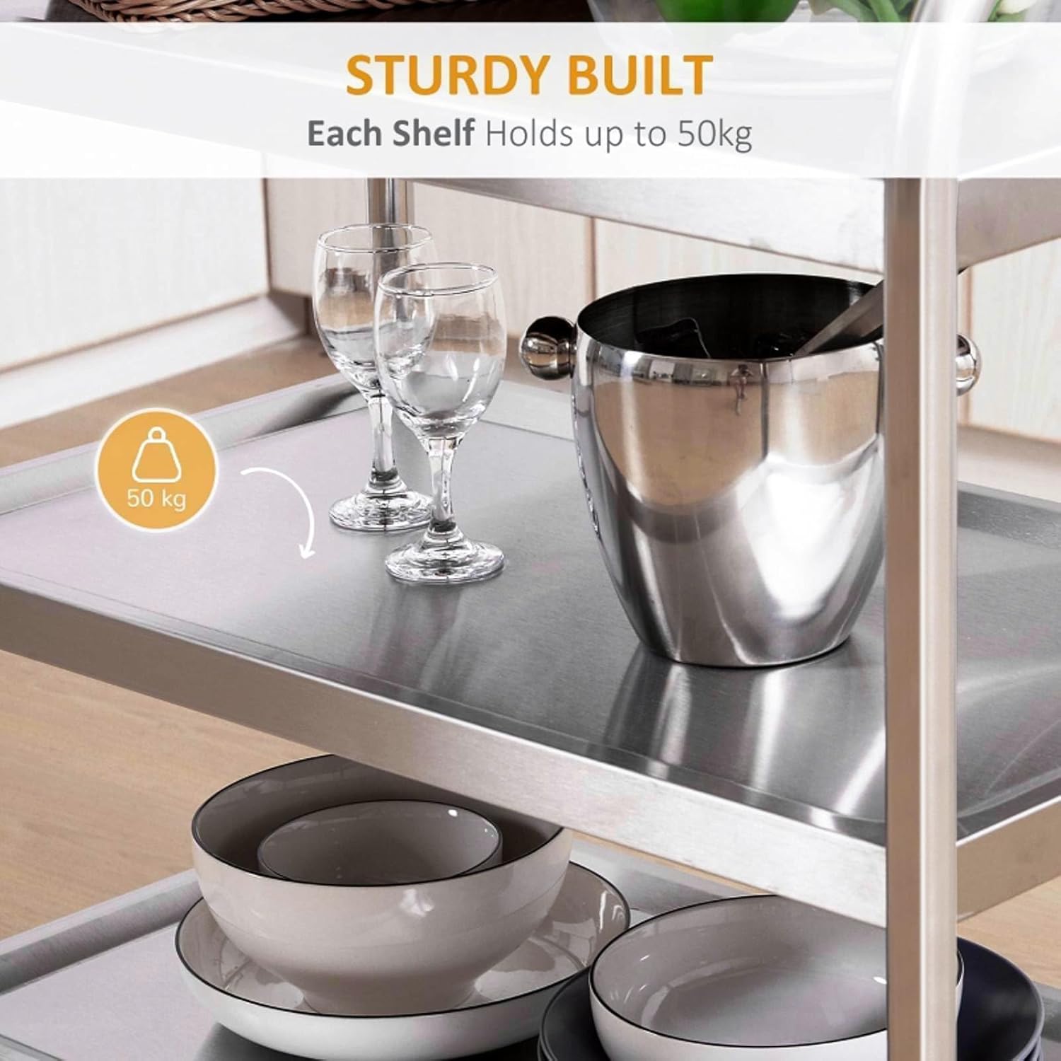 MYOYAY 37.4x19.7x37.4 Inch Stainless Steel Cart Large 3 Tier Kitchen Utility Rolling Cart Service Catering Storage Cart with Locking Wheels Kitchen Cart or Kitchen Hotel Restaurant Cafe Home - Image 4